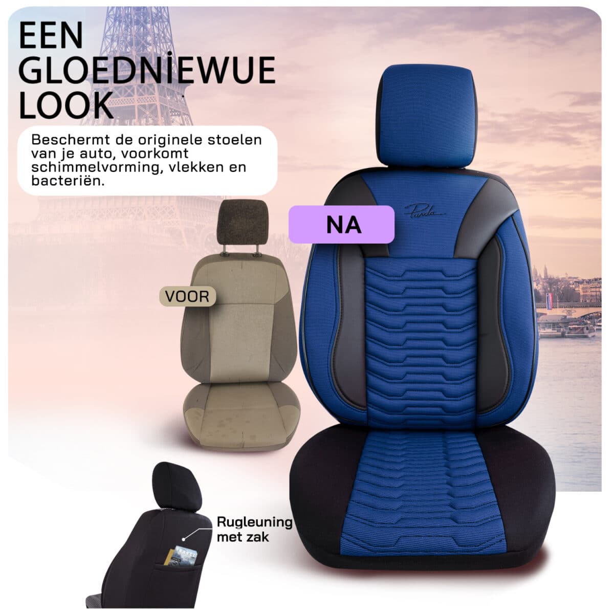 AUTOSTOELHOES PARIJS ZWART/BLAUW-VOLLEDIGE SET-LINNENSTOF,LEDERENLOOK-ORTHOPEDISCH ONTWERP-PANDASEATCOVER - Afbeelding 5