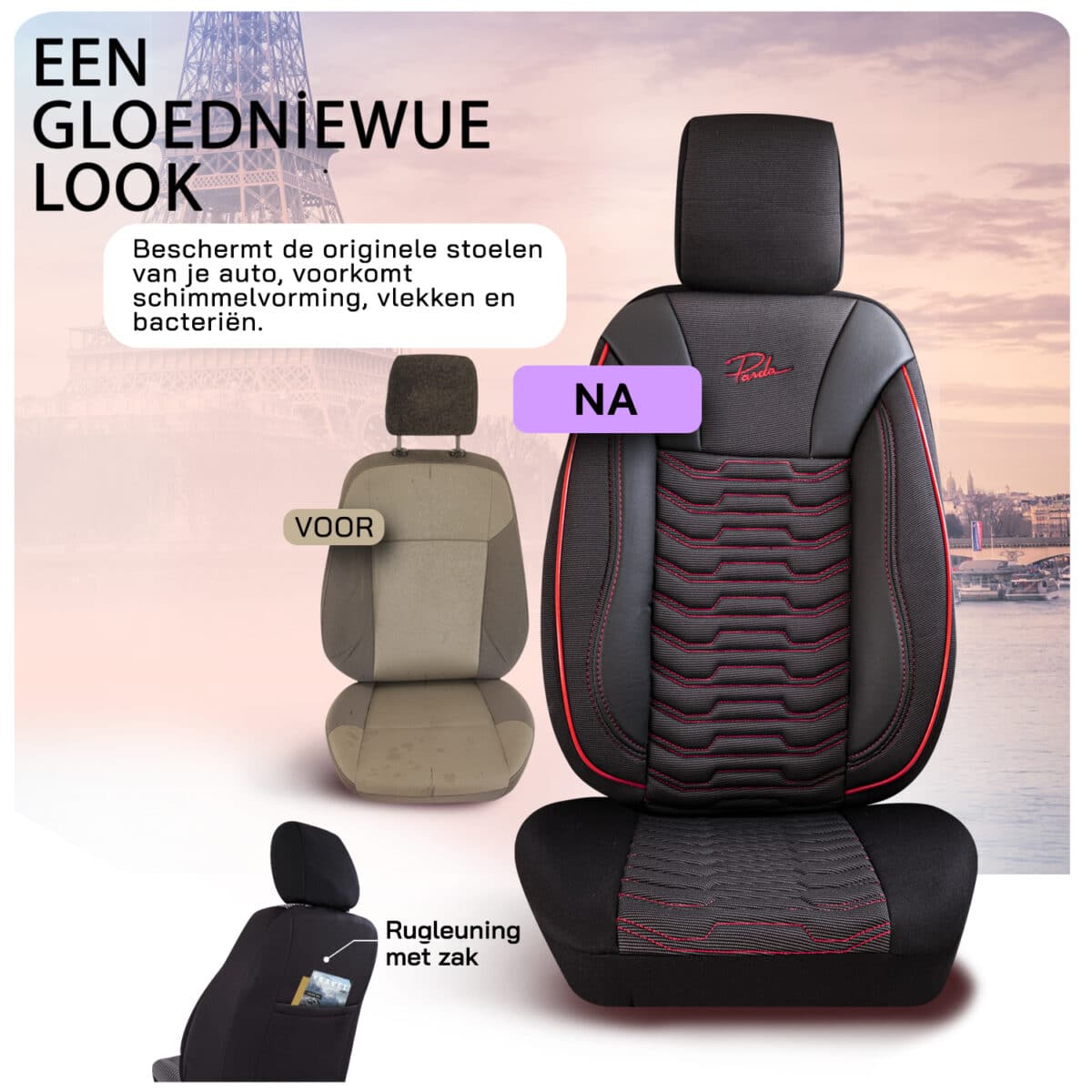 AUTOSTOELHOES PARIJS ZWART/ROOD-VOLLEDIGE SET-LINNENSTOF,LEDERENLOOK-ORTHOPEDISCH ONTWERP-PANDASEATCOVER - Afbeelding 5