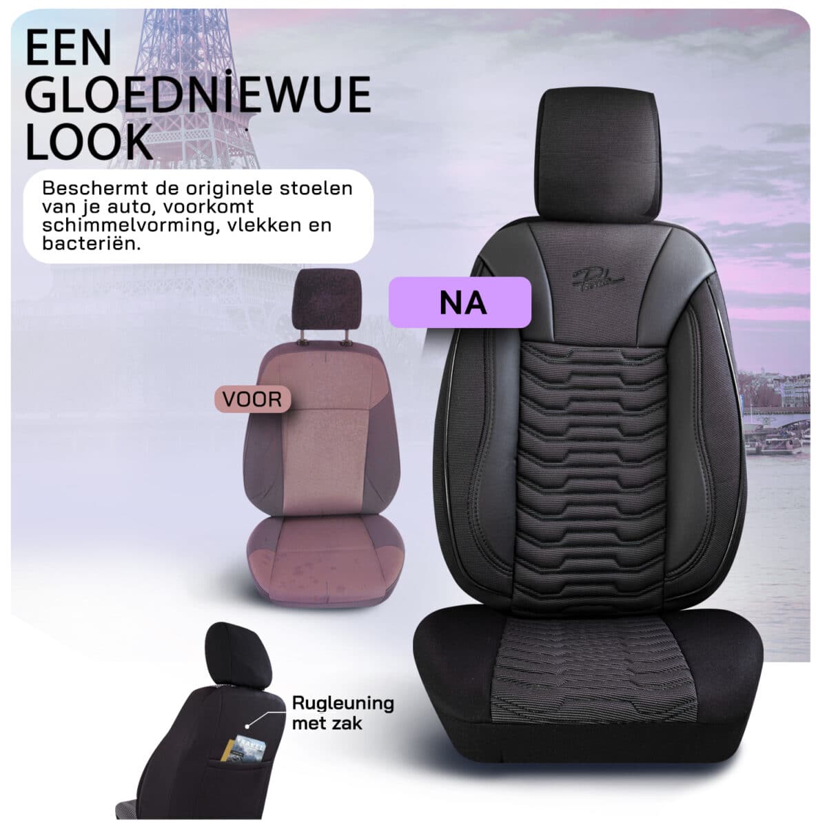 AUTOSTOELHOES PARIJS ZWART/ZWART-VOLLEDIGE SET-LINNENSTOF,LEDERENLOOK-ORTHOPEDISCH ONTWERP-PANDASEATCOVER - Afbeelding 5