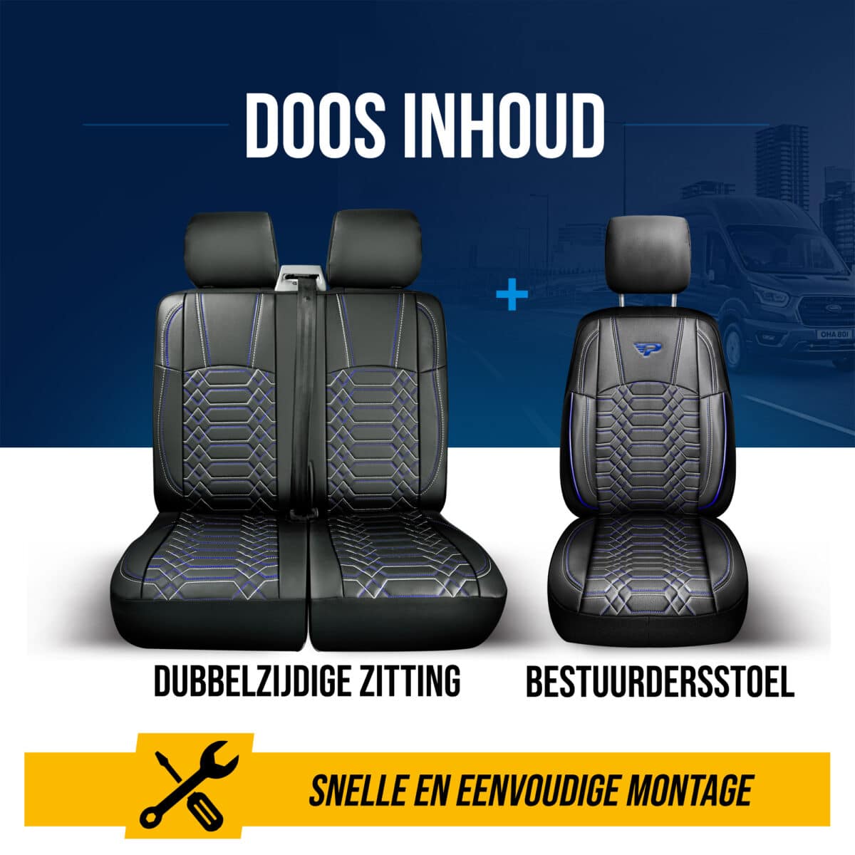 BEDRIJFSWAGEN STOELHOES-ZWART BLAUW 1+2 ZITS-VOLLEDIG LEDER ,BOXER,DUCATO,JUMPER-PANDASEATCOVER - Afbeelding 6