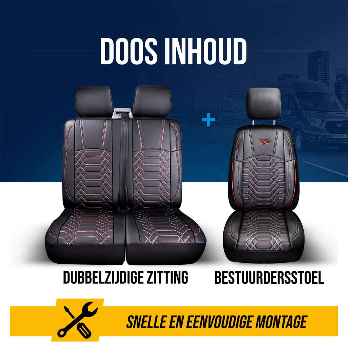 BEDRIJFSWAGEN STOELHOES-ZWART ROOD-1+2 ZITS-VOLLEDIG LEDER-FORD TRANSIT-PANDASEATCOVER - Afbeelding 6