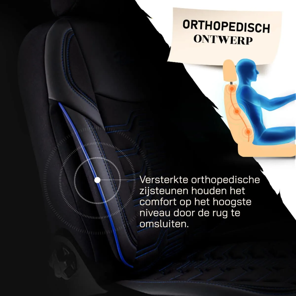 Autostoelhoes Berlijn-Zwart/Blauw -Volledige set -Linnenstof & Lederlook -Orthopedisch Ontwerp-PANDASEATCOVER - Afbeelding 4