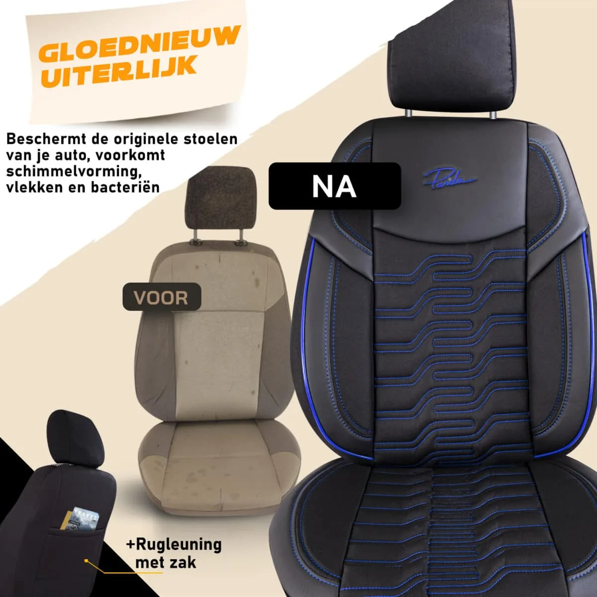 Autostoelhoes Berlijn-Zwart/Blauw -Volledige set -Linnenstof & Lederlook -Orthopedisch Ontwerp-PANDASEATCOVER - Afbeelding 5