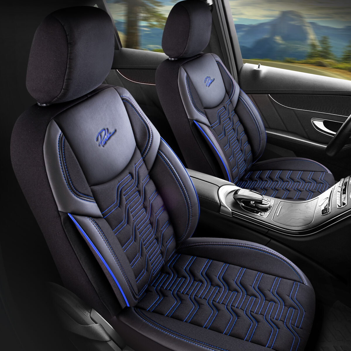 FUNDAS PARA ASIENTO DE COCHE - BERLIN - NEGRO/AZUL - SET COMPLETO - TELA JACQUARD & CUERO - DISEÑO ORTOPÉDICO - PANDASEATCOVER