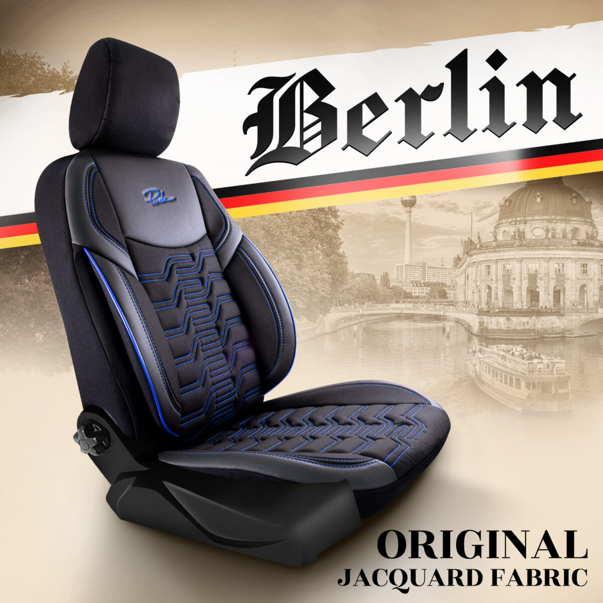 CAR SEAT COVER - BERLIN - BLACK/BLUE - FULL SET - LINEN FABRIC & LEATHER - ORTHOPEDIC DESIGN - PANDASEATCOVER - Image 2