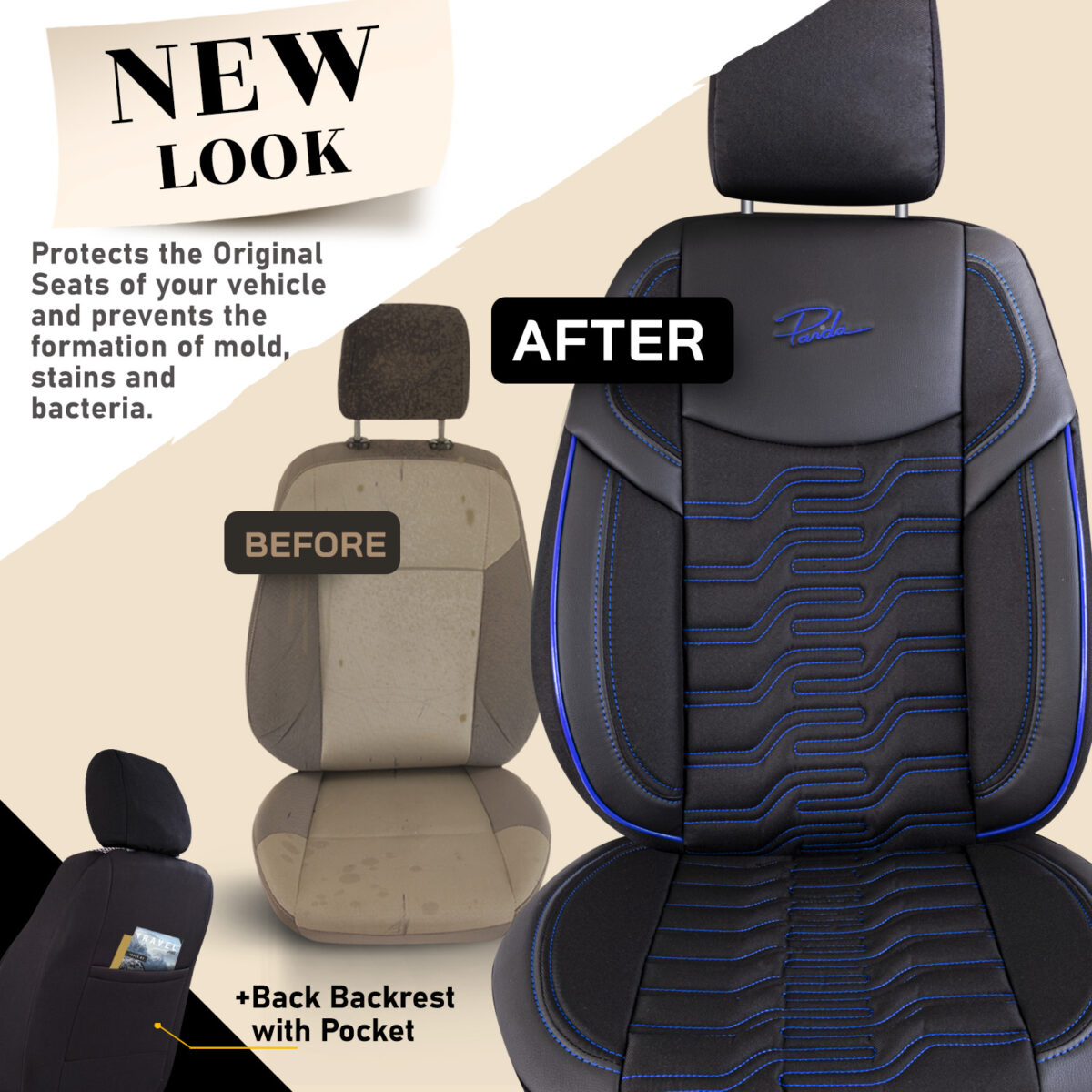 CAR SEAT COVER - BERLIN - BLACK/BLUE - FULL SET - LINEN FABRIC & LEATHER - ORTHOPEDIC DESIGN - PANDASEATCOVER - Image 5