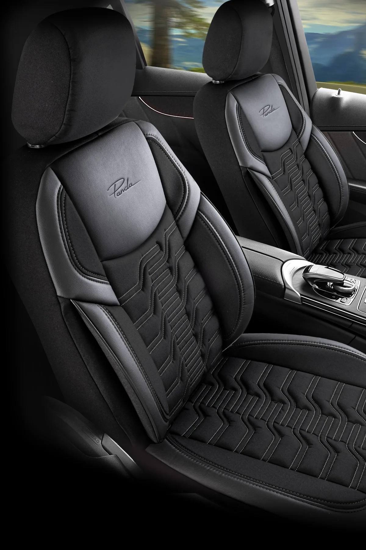 FUNDAS PARA ASIENTO DE COCHE - BERLIN - NEGRO/GRIS- SET COMPLETO - TELA JACQUARD & CUERO - DISEÑO ORTOPÉDICO - PANDASEATCOVER