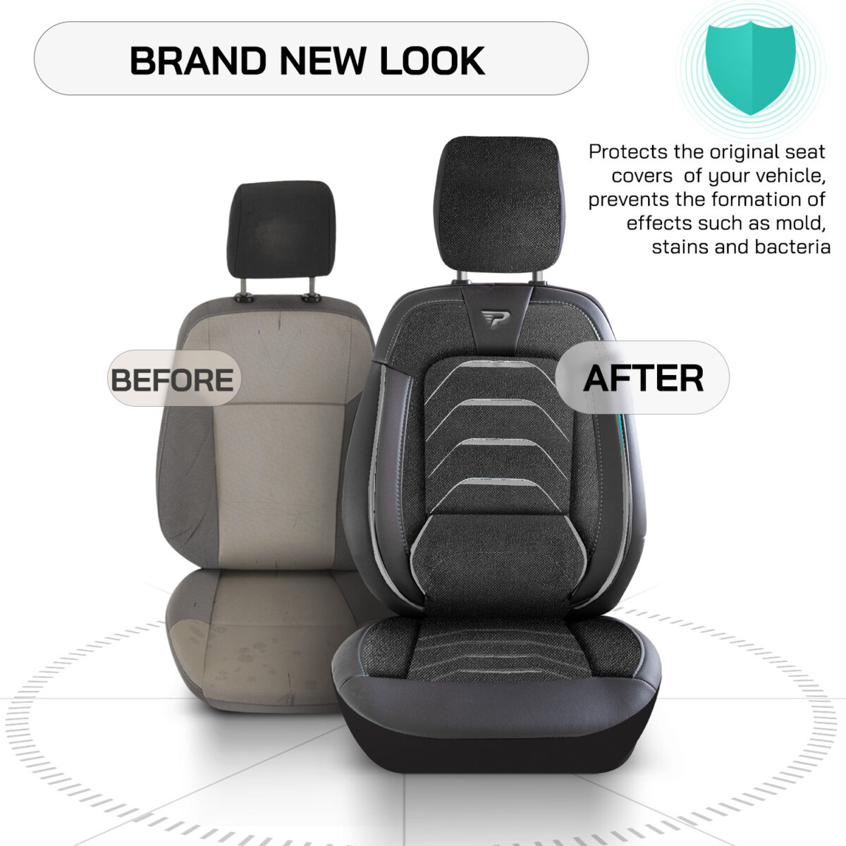 CAR SEAT COVER – BODRUM – BLACK/GRAY – FULL SET – JACQUARD FABRIC & LEATHER – ORTHOPEDIC DESIGN – PANDASEATCOVER - Image 5