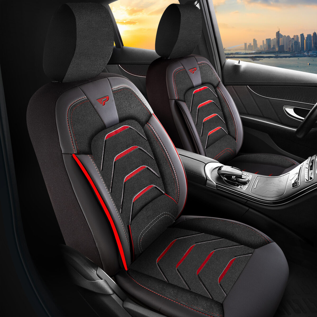 FUNDAS PARA ASIENTO DE COCHE - BODRUM - NEGRO/ROJO - SET COMPLETO - TELA JACQUARD & CUERO - DISEÑO ORTOPÉDICO - PANDASEATCOVER