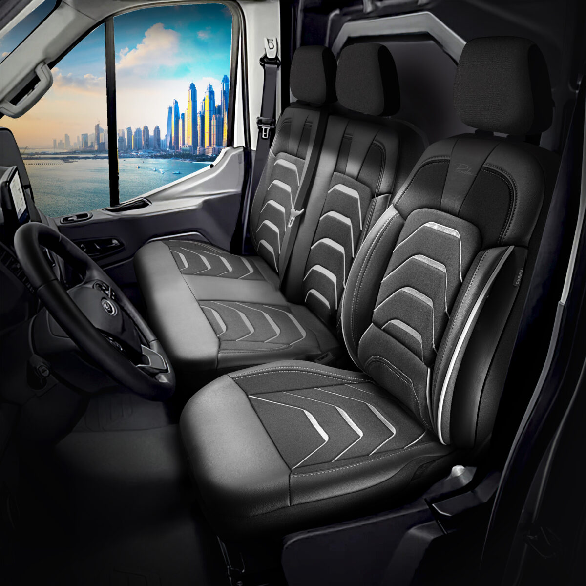 FUNDAS DE ASIENTO DE VEHÍCULOS COMERCIALES - BODRUM - NEGRO/GRIS - 1+2 ASIENTO - TELA JACQUARD - FORD TRANSIT - PANDASEATCOVER