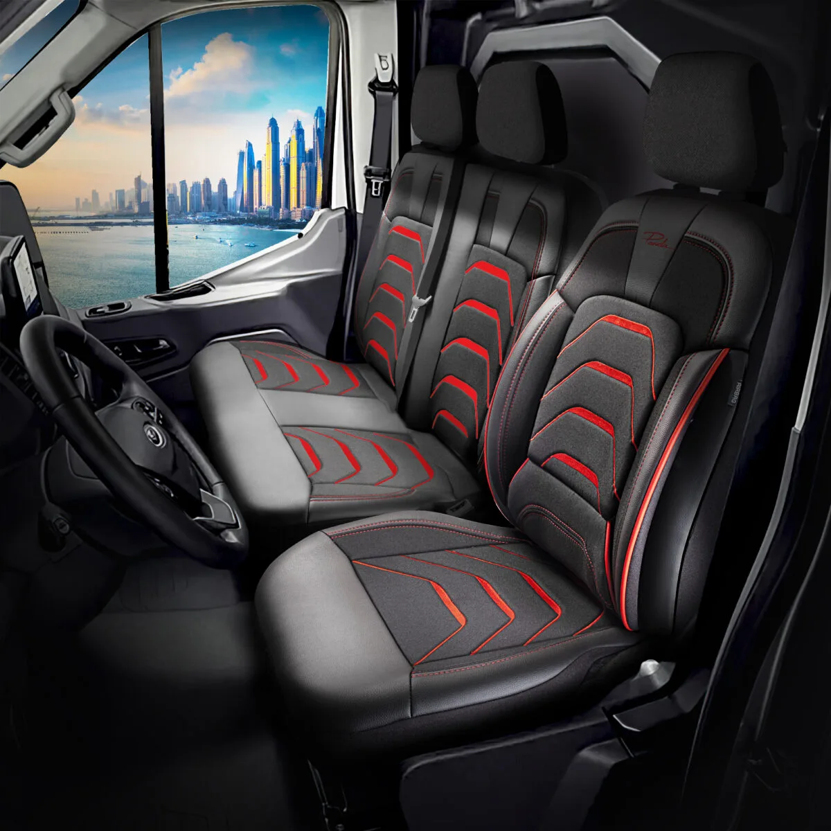 FUNDAS DE ASIENTO DE VEHÍCULOS COMERCIALES - BODRUM - NEGRO/ROJO - 1+2 ASIENTO - TELA JACQUARD - FORD TRANSIT - PANDASEATCOVER