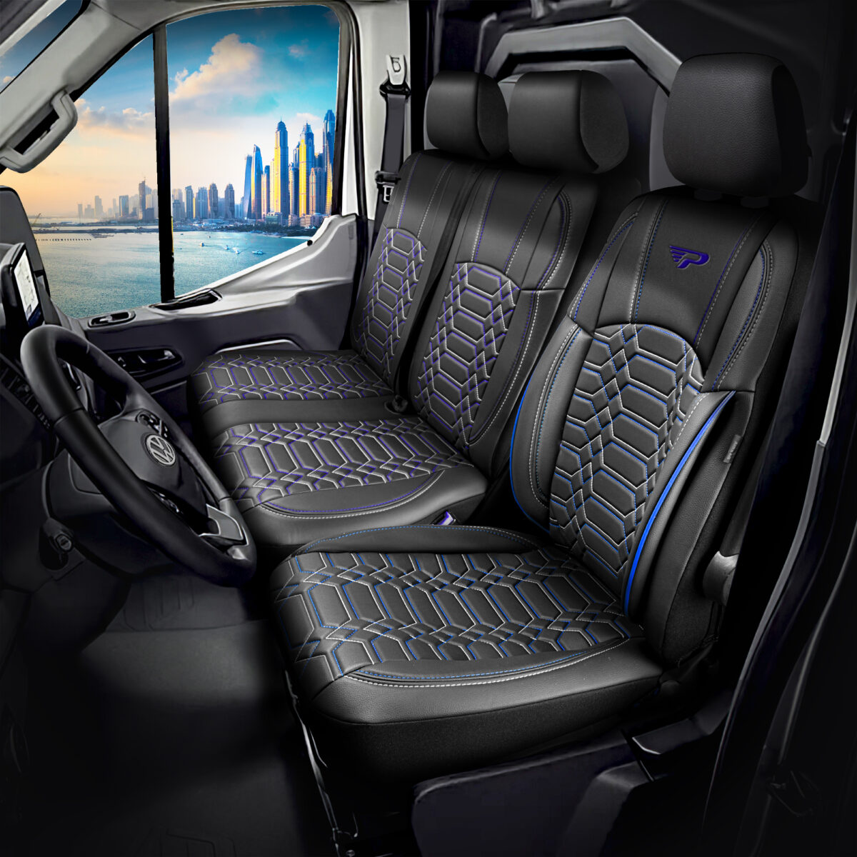 COMMERCIAL VEHICLE SEAT COVER –  BLACK/BLUE –  1+2 SEAT – FULL LEATHER – BOXER, DUCATO, JUMPER –  PANDASEATCOVER