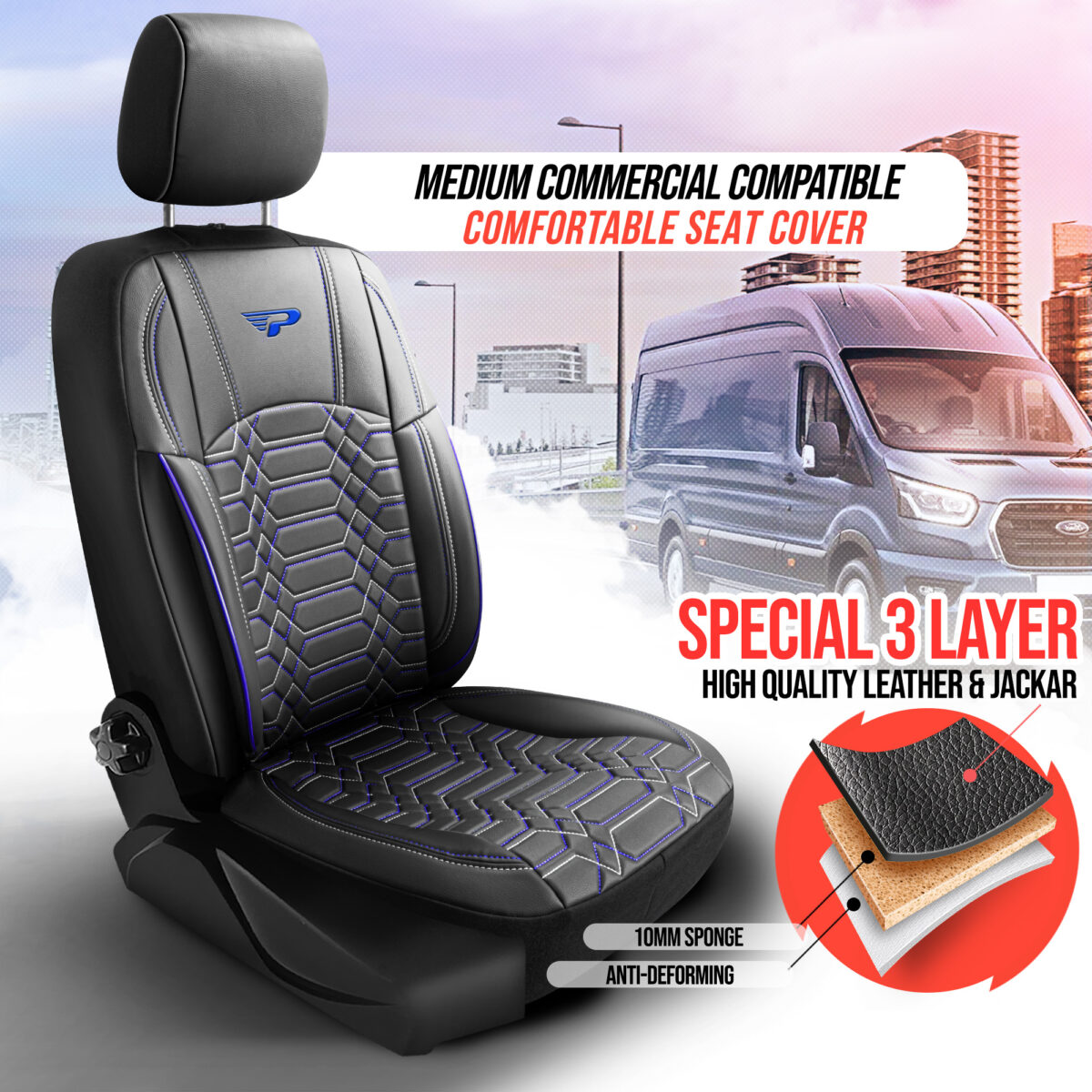 COMMERCIAL VEHICLE SEAT COVER –  BLACK/BLUE –  1+2 SEAT – FULL LEATHER – BOXER, DUCATO, JUMPER –  PANDASEATCOVER - Image 2