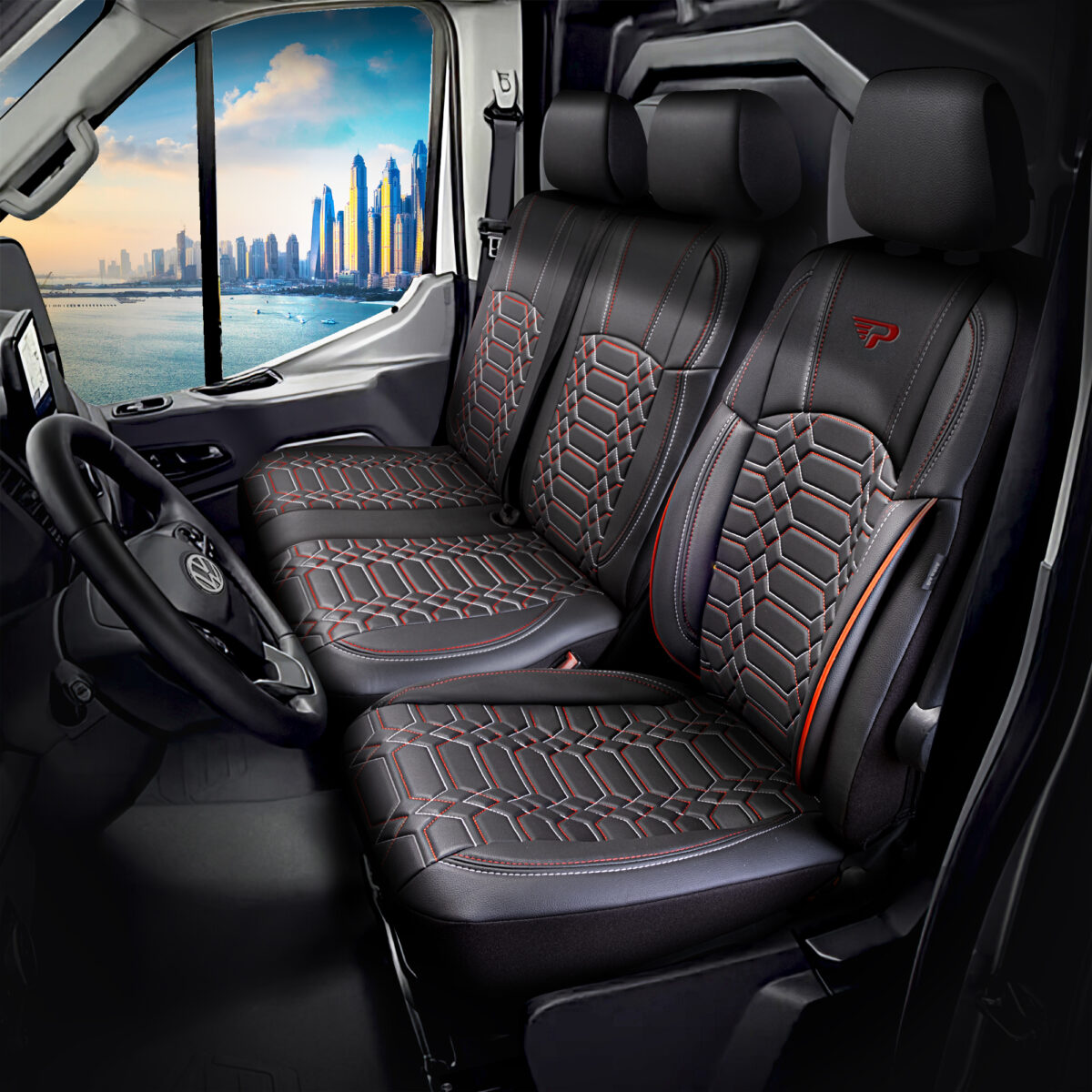 FUNDAS DE ASIENTO DE VEHÍCULOS COMERCIALES - NEGRO/ROJO - 1+2 ASIENTO - CUERO COMPETO - FORD TRANSIT - PANDASEATCOVER