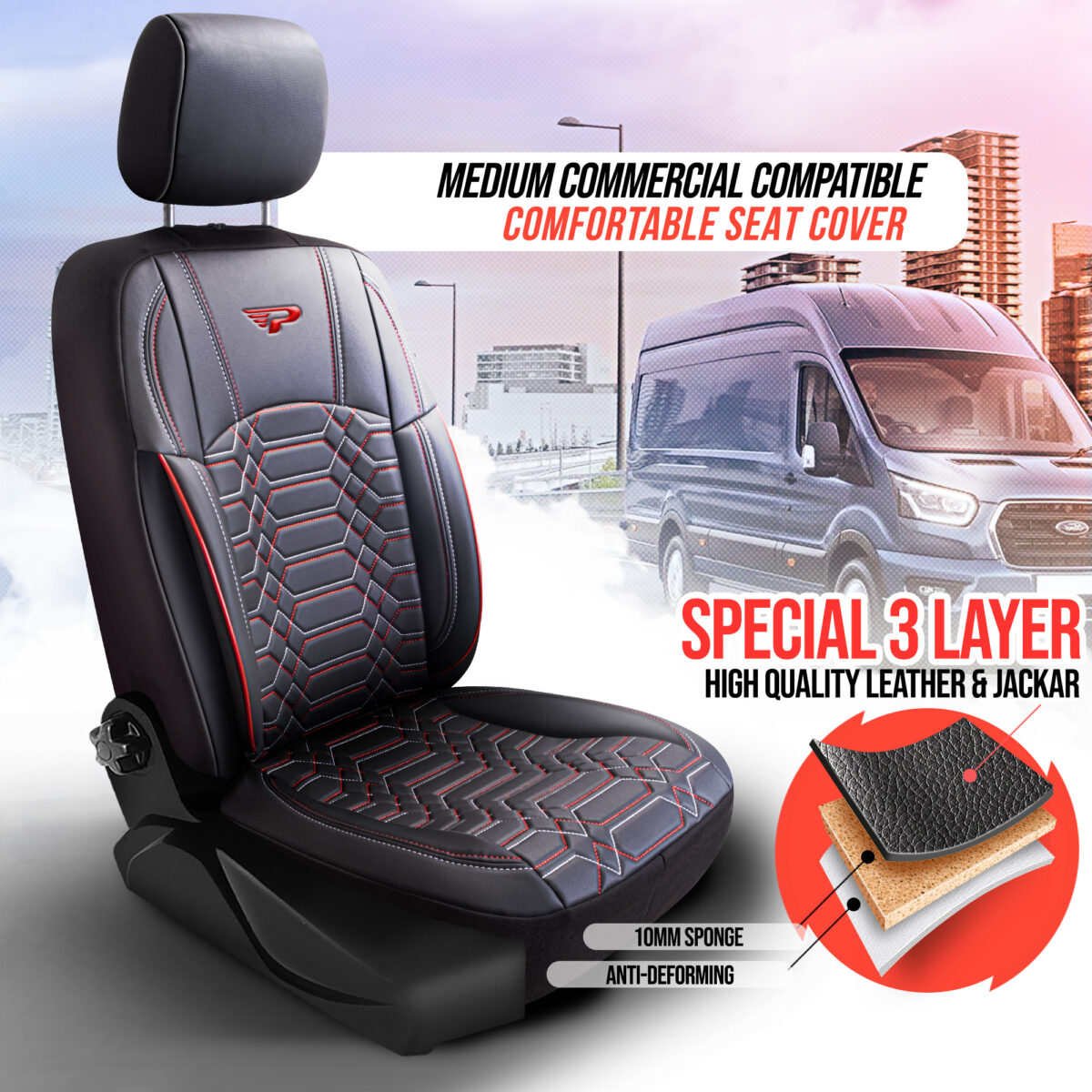 COMMERCIAL VEHICLE SEAT COVER –  BLACK/RED –  1+2 SEAT – FULL LEATHER – BOXER, DUCATO, JUMPER –  PANDASEATCOVER - Image 2