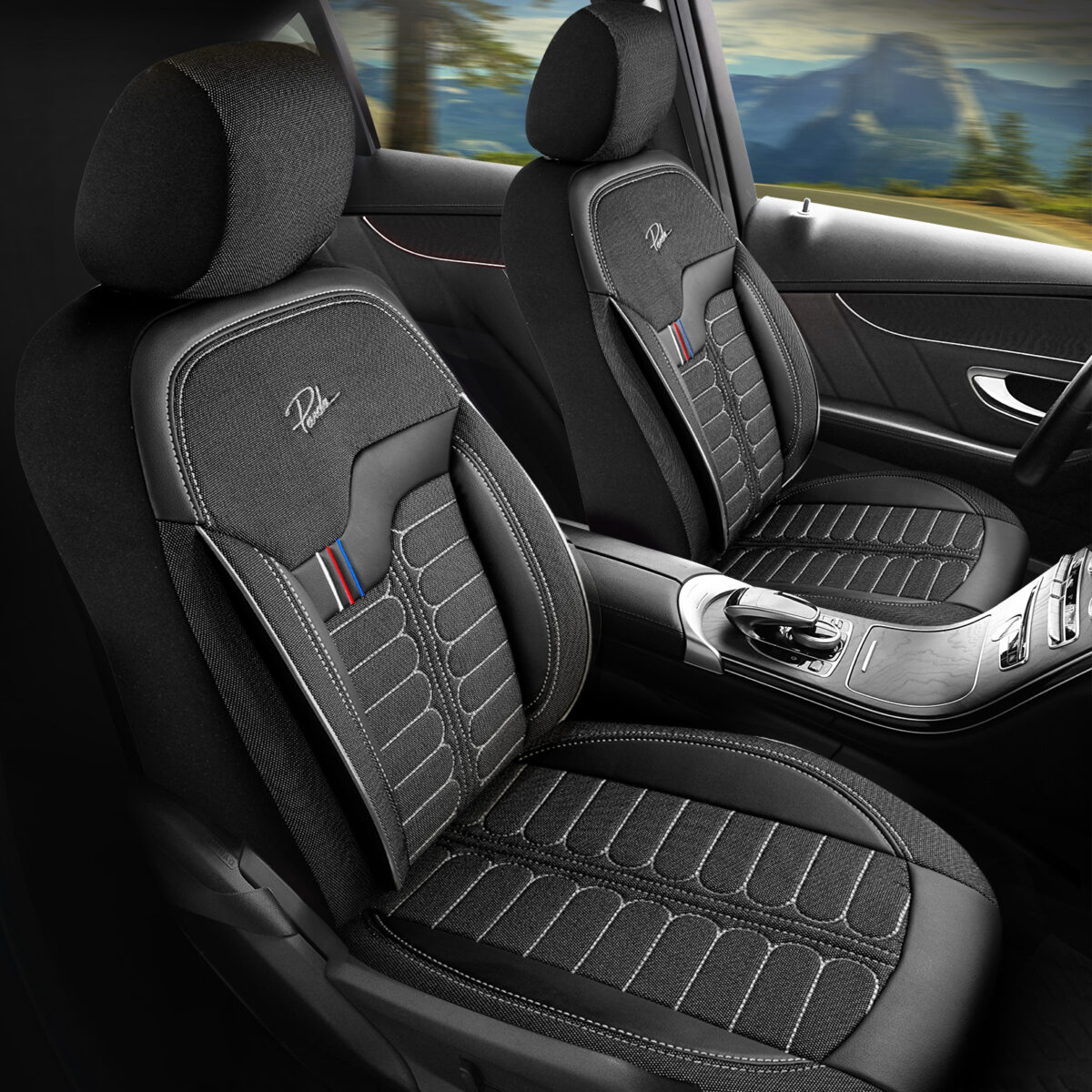 FUNDAS PARA ASIENTO DE COCHE - LONDON - NEGRO/GRIS - SET COMPLETO - DISEÑO ORTOPÉDICO - PANDASEATCOVER