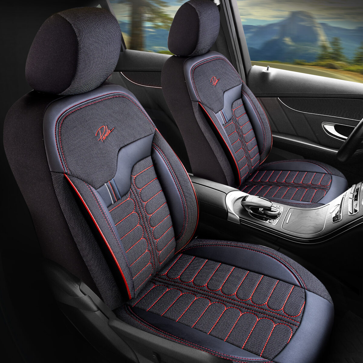 FUNDAS PARA ASIENTO DE COCHE - LONDON - NEGRO/ROJO - SET COMPLETO - DISEÑO ORTOPÉDICO - PANDASEATCOVER