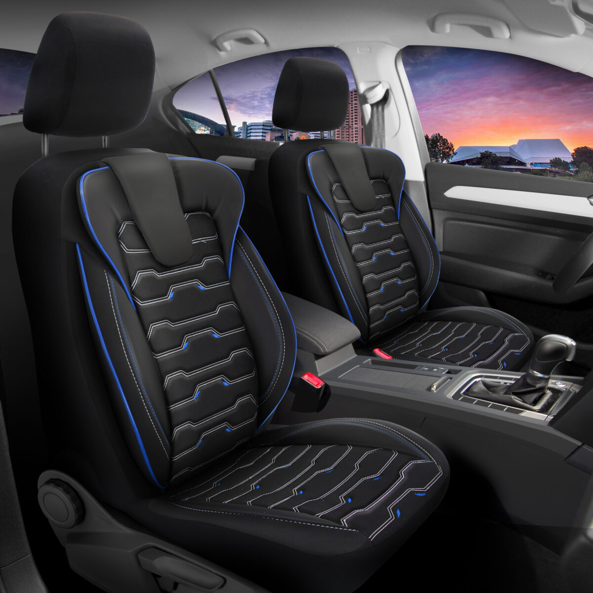 FUNDAS PARA ASIENTO DE COCHE - SPORT - NEGRO/AZUL - SET COMPLETO - TELA DE LINO & CUERO SINTÉTICO - DISEÑO ORTOPÉDICO - PANDASEATCOVER