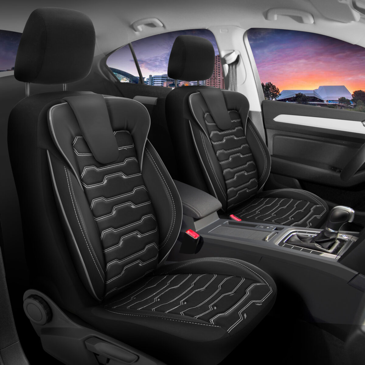 FUNDAS PARA ASIENTO DE COCHE - SPORT - NEGRO/GRIS - SET COMPLETO - TELA DE LINO & CUERO SINTÉTICO - DISEÑO ORTOPÉDICO - PANDASEATCOVER