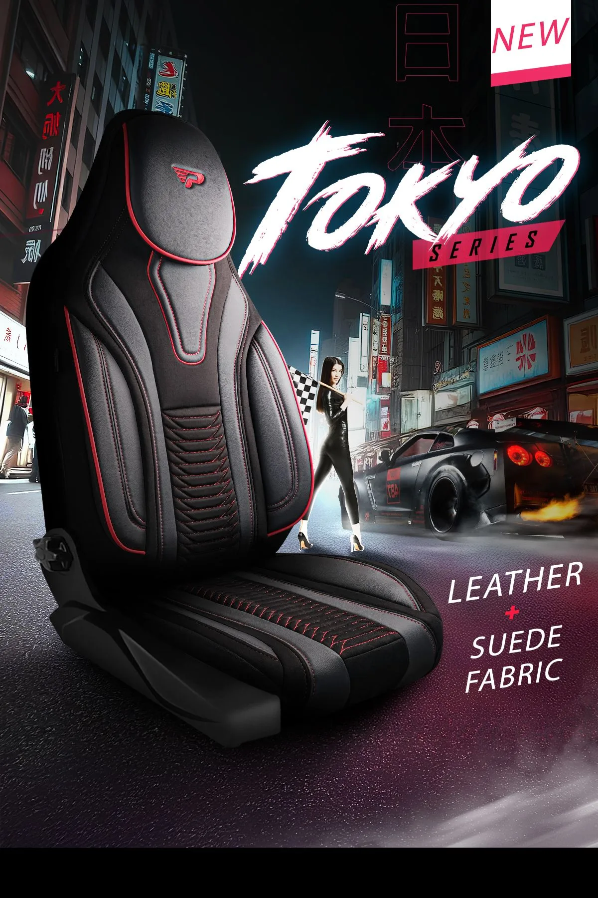 COMMERCIAL VEHICLE SEAT COVER – PILOTMODEL – TOKYO - BLACK/RED - 1+1 SEAT - SUEDE & LINEN FABRIC & LEATHER - PANDASEATCOVER - Image 2
