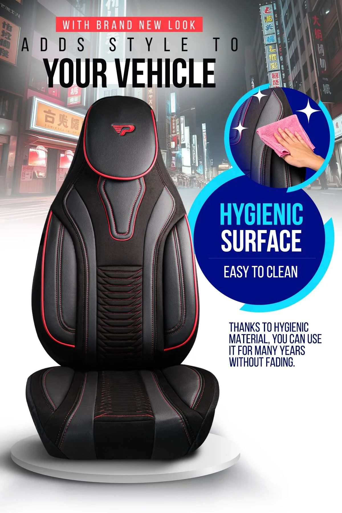 COMMERCIAL VEHICLE SEAT COVER – PILOTMODEL – TOKYO - BLACK/RED - 1+1 SEAT - SUEDE & LINEN FABRIC & LEATHER - PANDASEATCOVER - Image 4