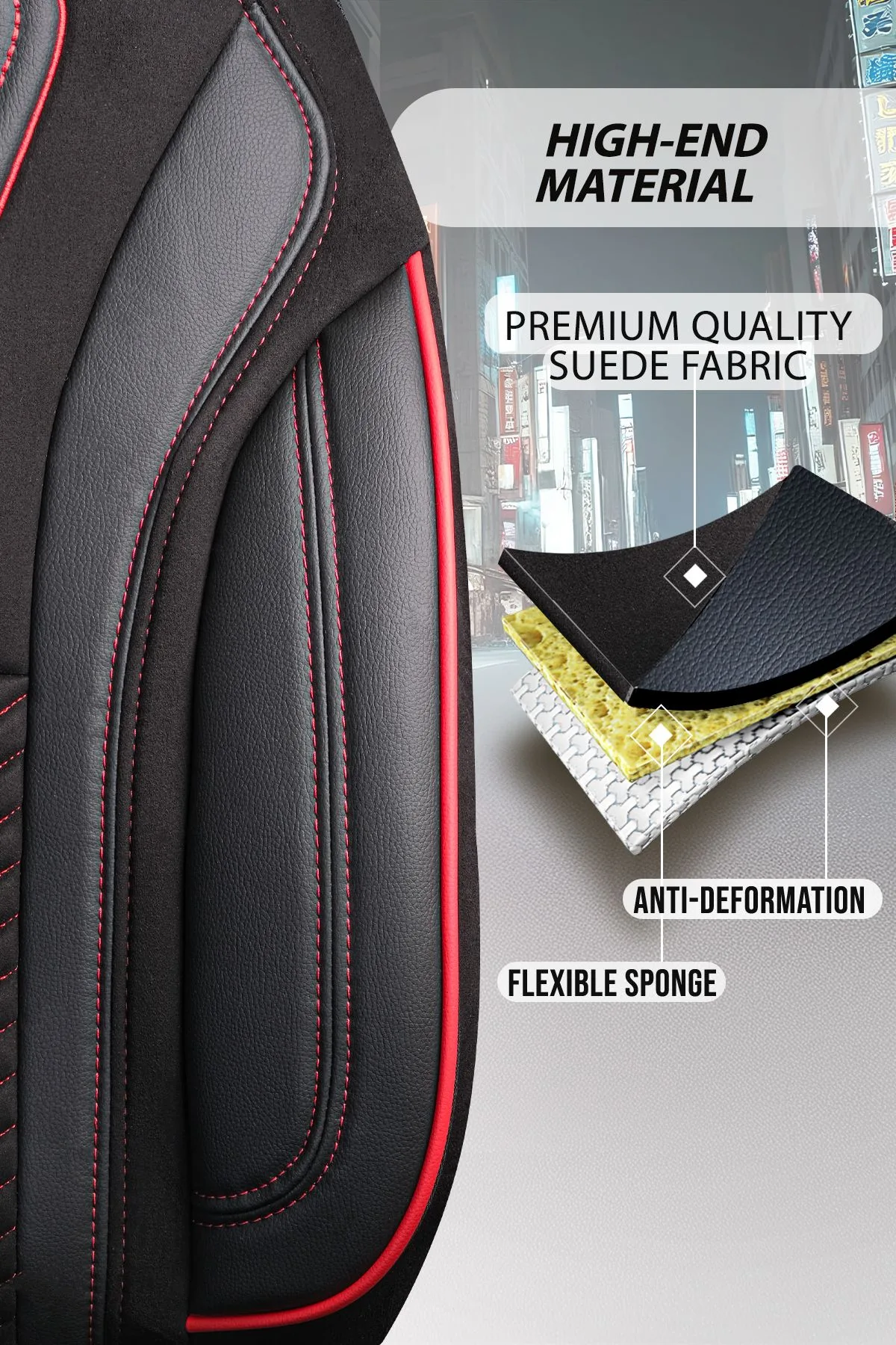 COMMERCIAL VEHICLE SEAT COVER – PILOTMODEL – TOKYO - BLACK/RED - 1+1 SEAT - SUEDE & LINEN FABRIC & LEATHER - PANDASEATCOVER - Image 5