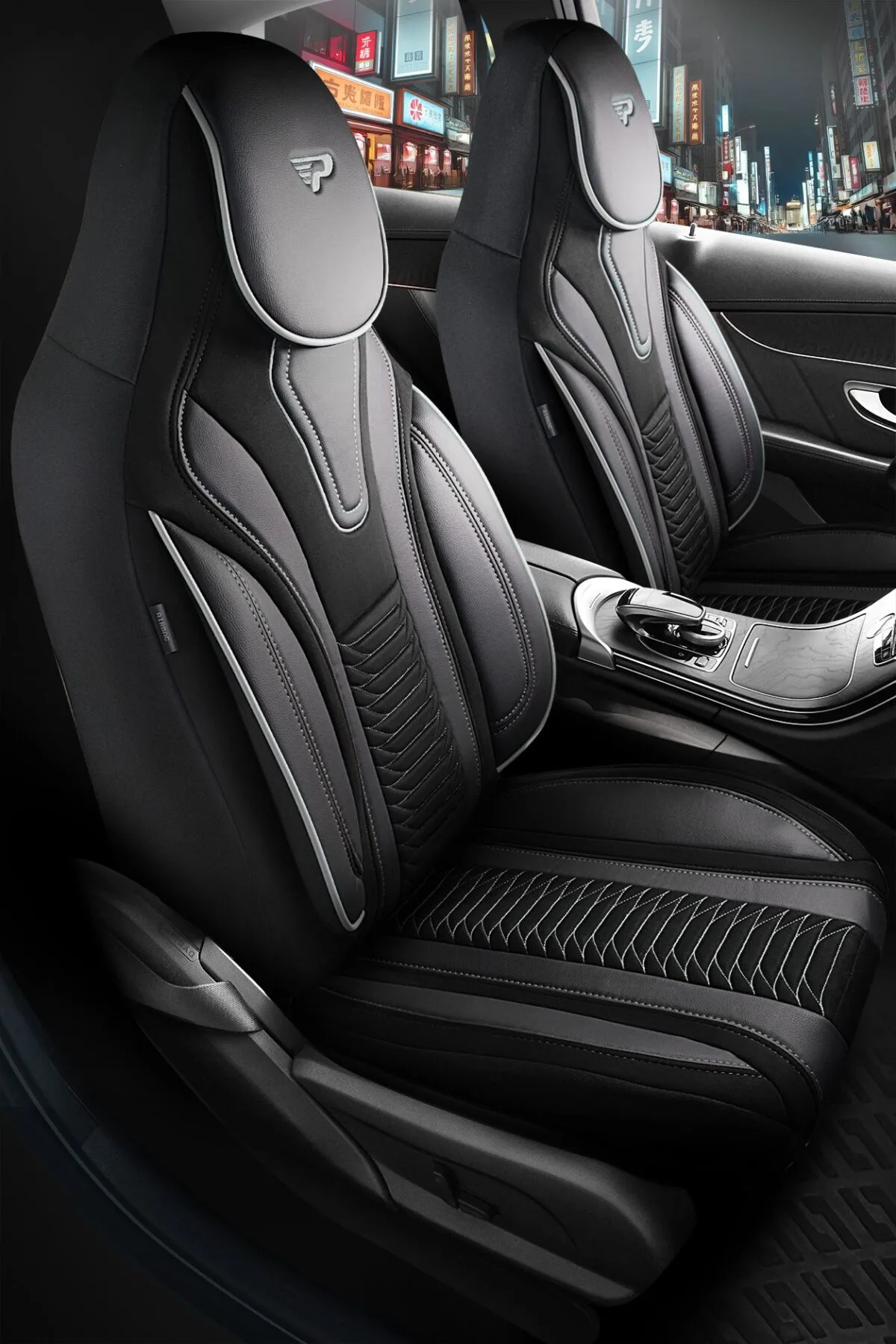 FUNDAS DE ASIENTO DE VEHÍCULOS COMERCIALES - MODELO PILOTO - TOKYO - NEGRO/GRIS - 1+1 ASIENTO - GAMUZA & CUERO - PANDASEATCOVER
