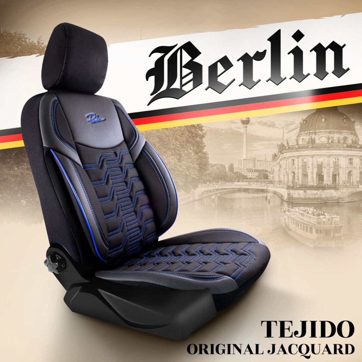 FUNDAS PARA ASIENTO DE COCHE - BERLIN - NEGRO/AZUL - SET COMPLETO - TELA JACQUARD & CUERO - DISEÑO ORTOPÉDICO - PANDASEATCOVER - Imagen 2