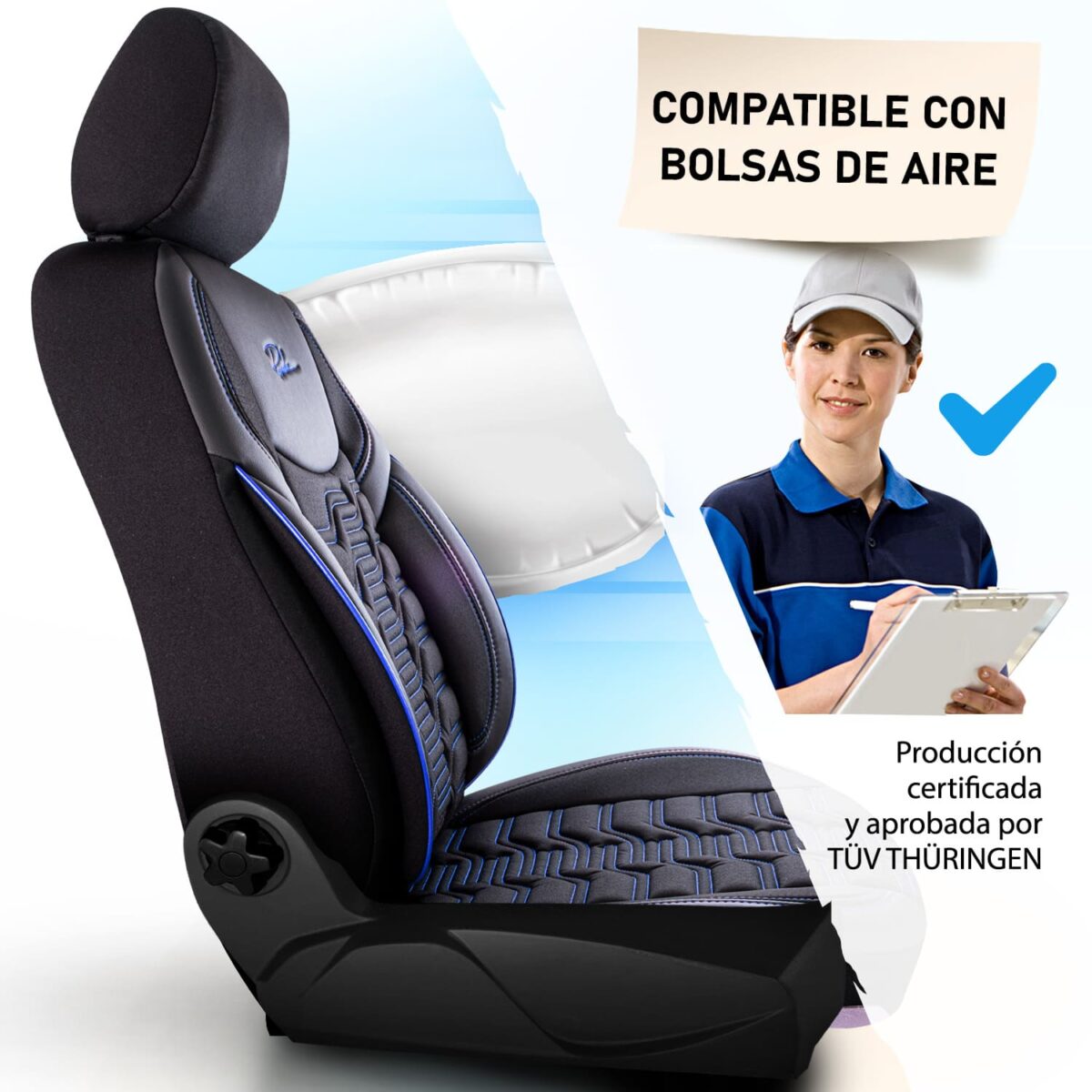 FUNDAS PARA ASIENTO DE COCHE - BERLIN - NEGRO/AZUL - SET COMPLETO - TELA JACQUARD & CUERO - DISEÑO ORTOPÉDICO - PANDASEATCOVER - Imagen 3