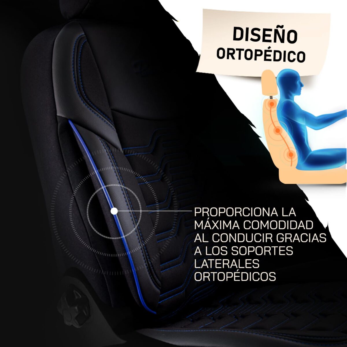 FUNDAS PARA ASIENTO DE COCHE - BERLIN - NEGRO/AZUL - SET COMPLETO - TELA JACQUARD & CUERO - DISEÑO ORTOPÉDICO - PANDASEATCOVER - Imagen 4