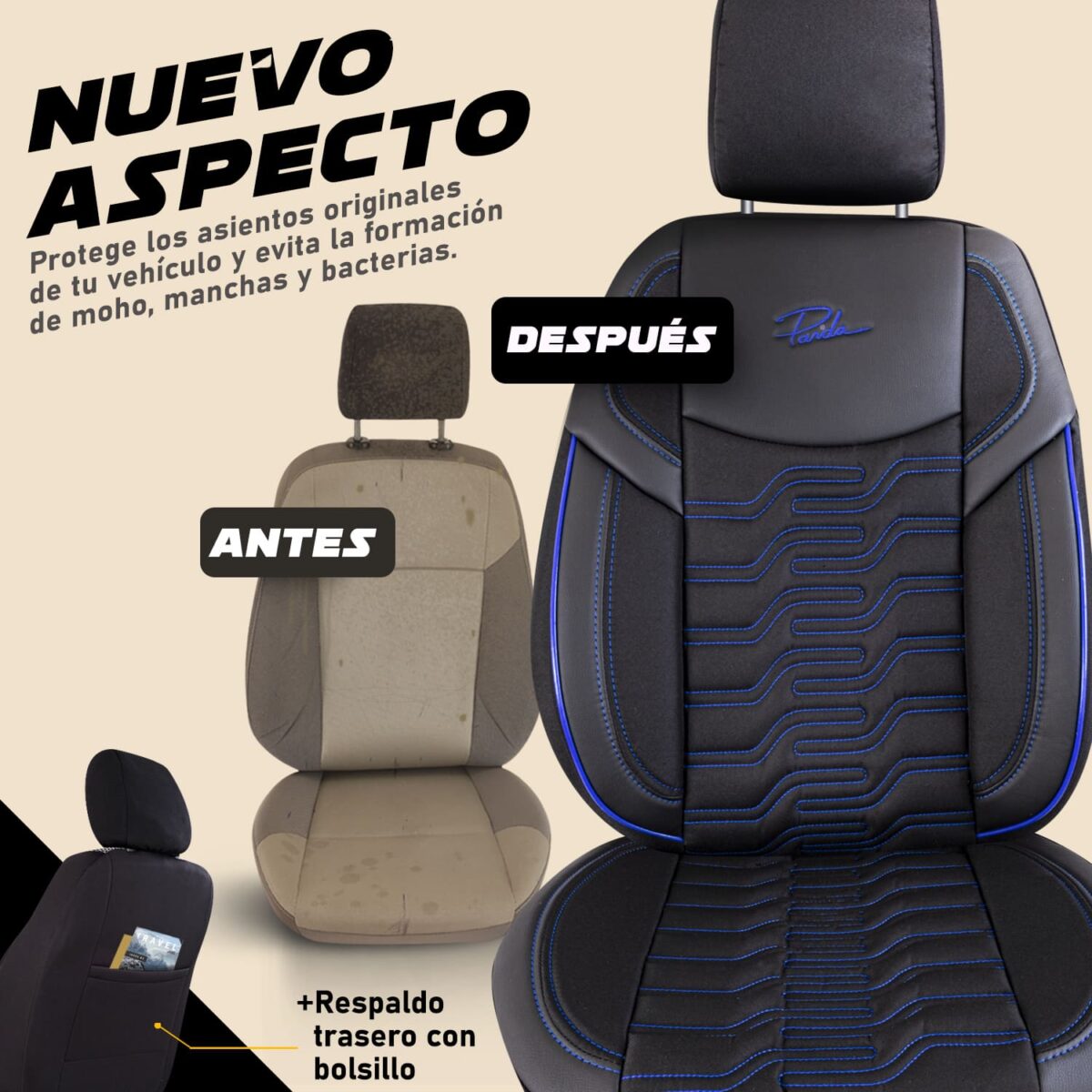 FUNDAS PARA ASIENTO DE COCHE - BERLIN - NEGRO/AZUL - SET COMPLETO - TELA JACQUARD & CUERO - DISEÑO ORTOPÉDICO - PANDASEATCOVER - Imagen 5