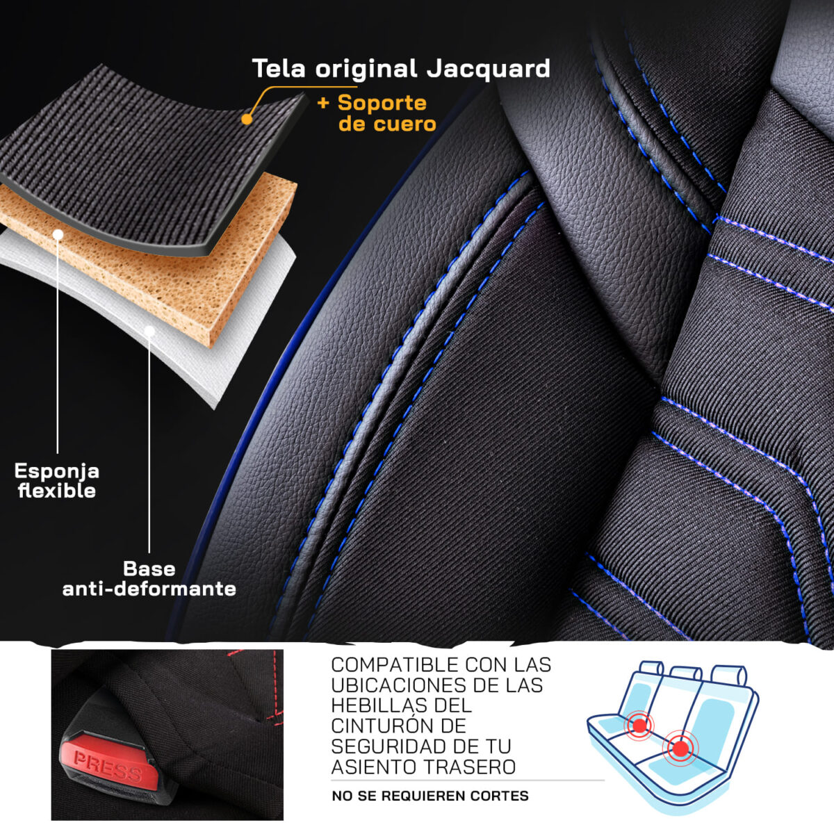 FUNDAS PARA ASIENTO DE COCHE - BERLIN - NEGRO/AZUL - SET COMPLETO - TELA JACQUARD & CUERO - DISEÑO ORTOPÉDICO - PANDASEATCOVER - Imagen 6