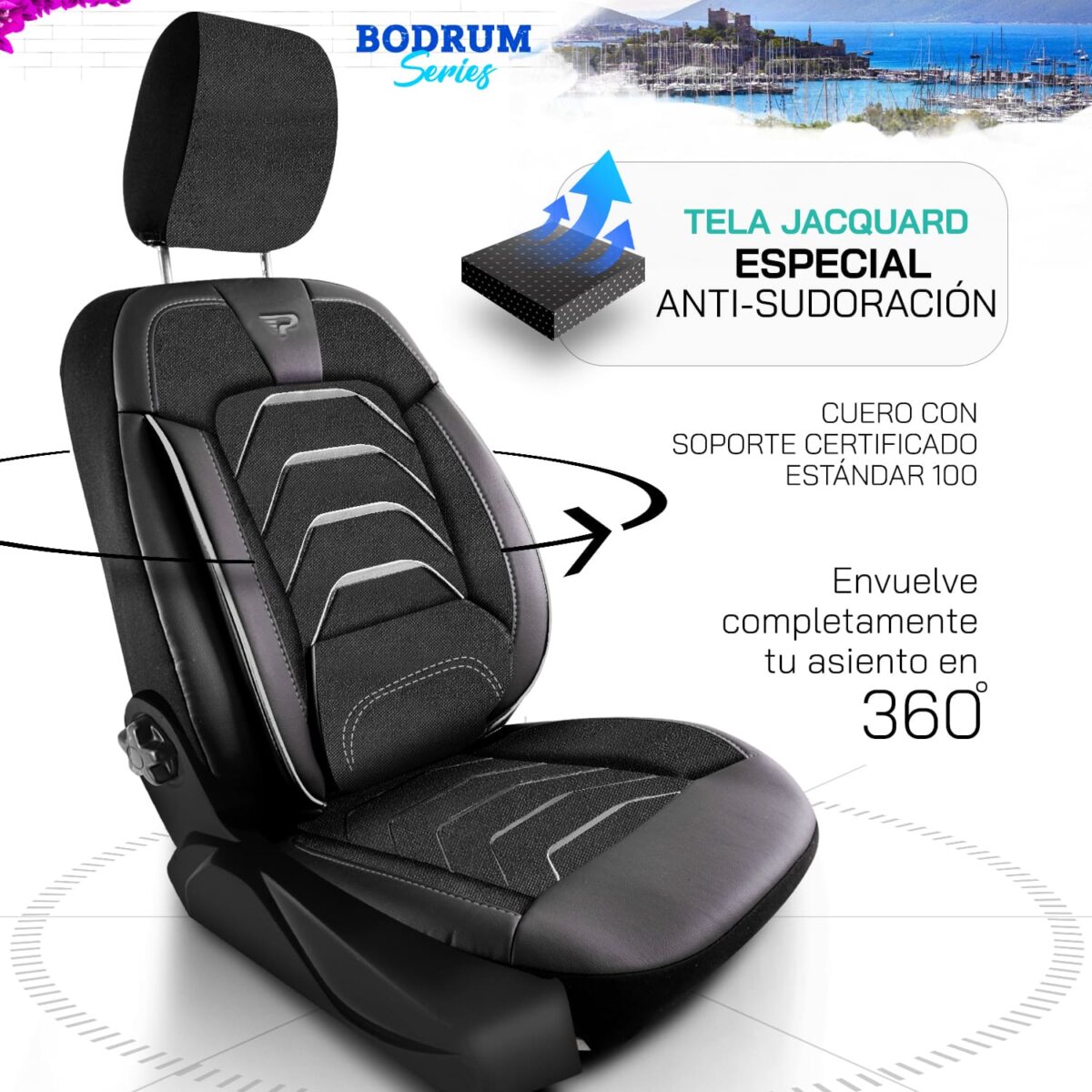 FUNDAS DE ASIENTO DE VEHÍCULOS COMERCIALES - BODRUM - NEGRO/GRIS - 1+2 ASIENTO - TELA JACQUARD - BOXER, DUCATO, JUMPER - PANDASEATCOVER - Imagen 2