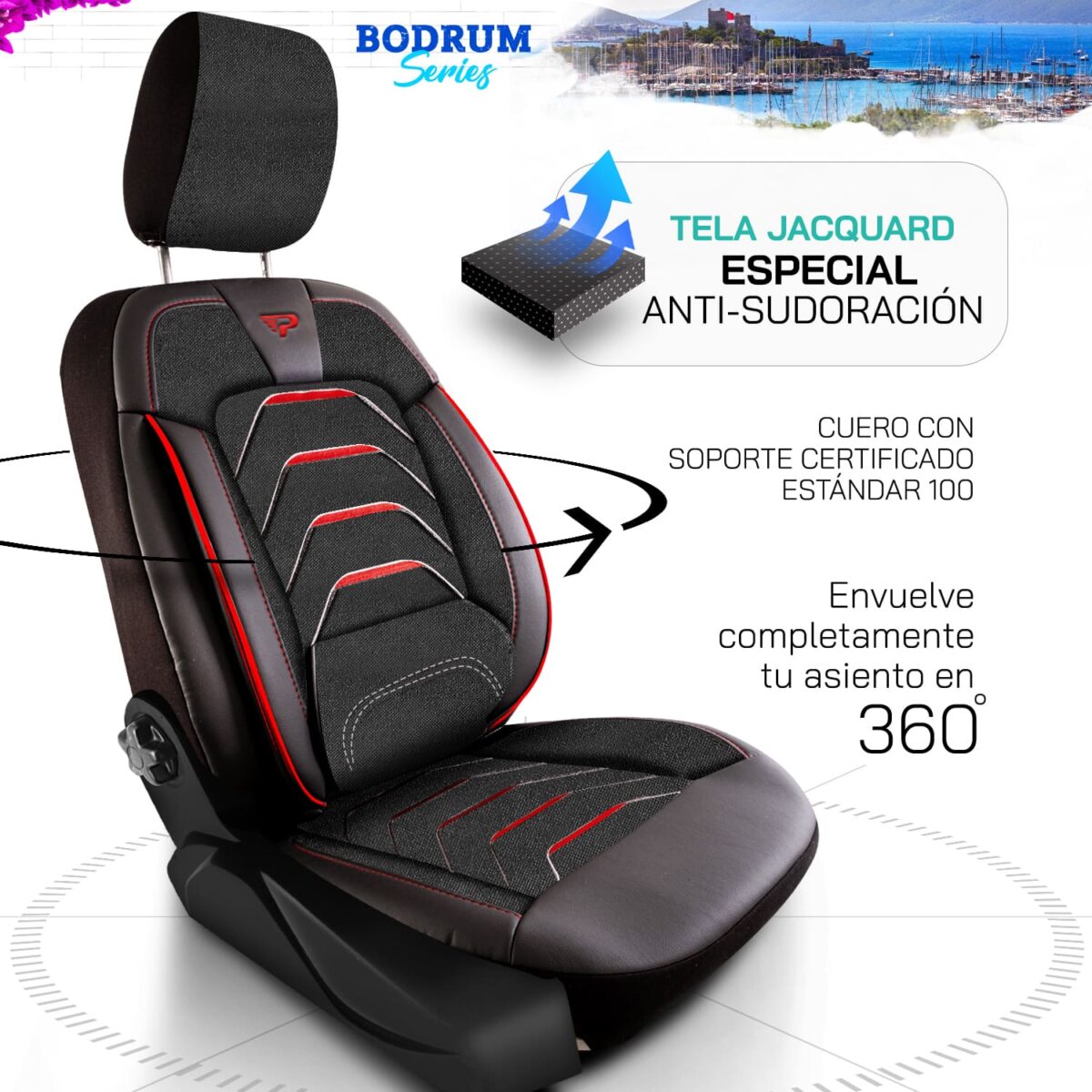 FUNDAS DE ASIENTO DE VEHÍCULOS COMERCIALES - BODRUM - NEGRO/ROJO - 1+2 ASIENTO - TELA JACQUARD - BOXER, DUCATO, JUMPER - PANDASEATCOVER - Imagen 2