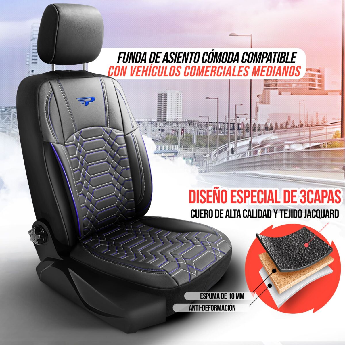 FUNDAS DE ASIENTO DE VEHÍCULOS COMERCIALES - NEGRO/AZUL - 1+2 ASIENTO - CUERO COMPETO - FORD TRANSIT - PANDASEATCOVER - Imagen 2