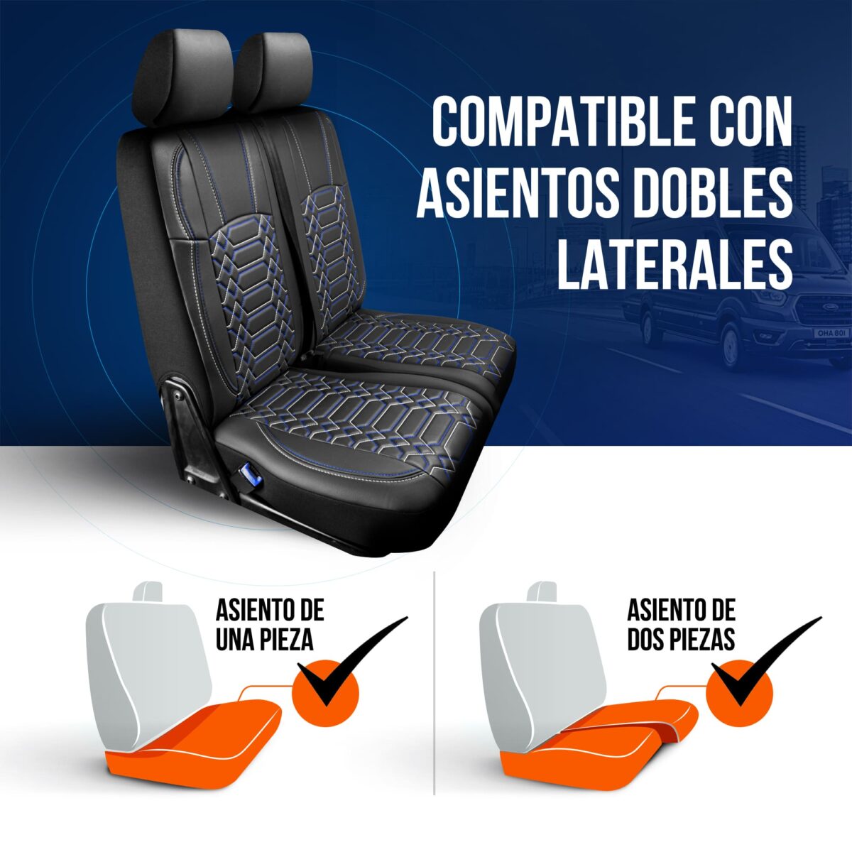 FUNDAS DE ASIENTO DE VEHÍCULOS COMERCIALES - NEGRO/AZUL - 1+2 ASIENTO - CUERO COMPETO - BOXER, DUCATO, JUMPER - PANDASEATCOVER - Imagen 5