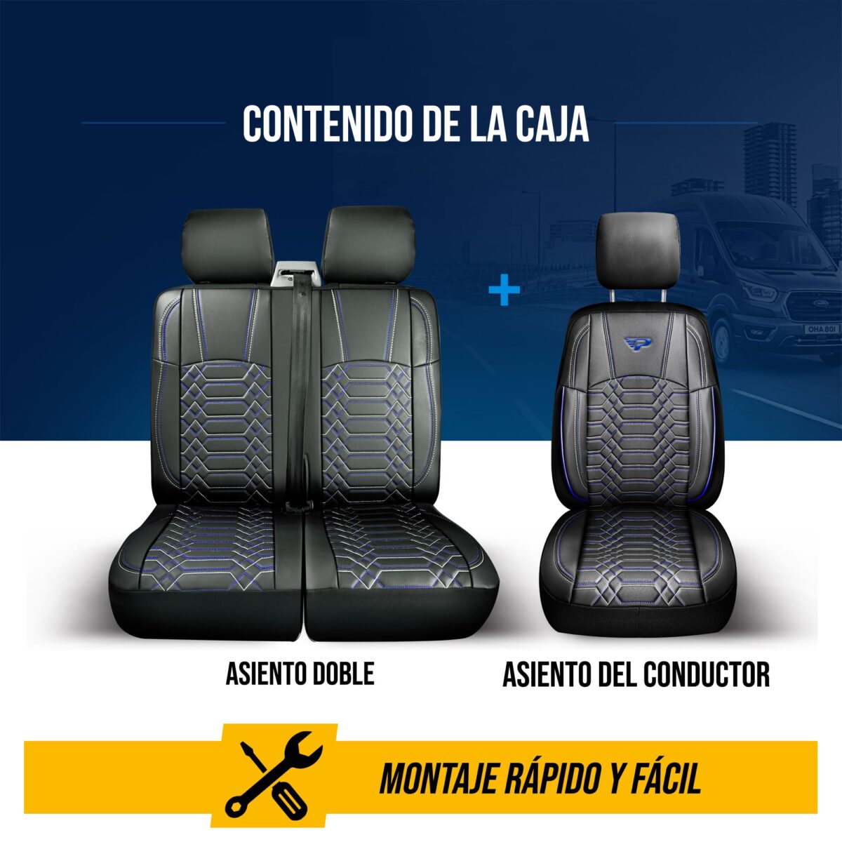 FUNDAS DE ASIENTO DE VEHÍCULOS COMERCIALES - NEGRO/AZUL - 1+2 ASIENTO - CUERO COMPETO - BOXER, DUCATO, JUMPER - PANDASEATCOVER - Imagen 6