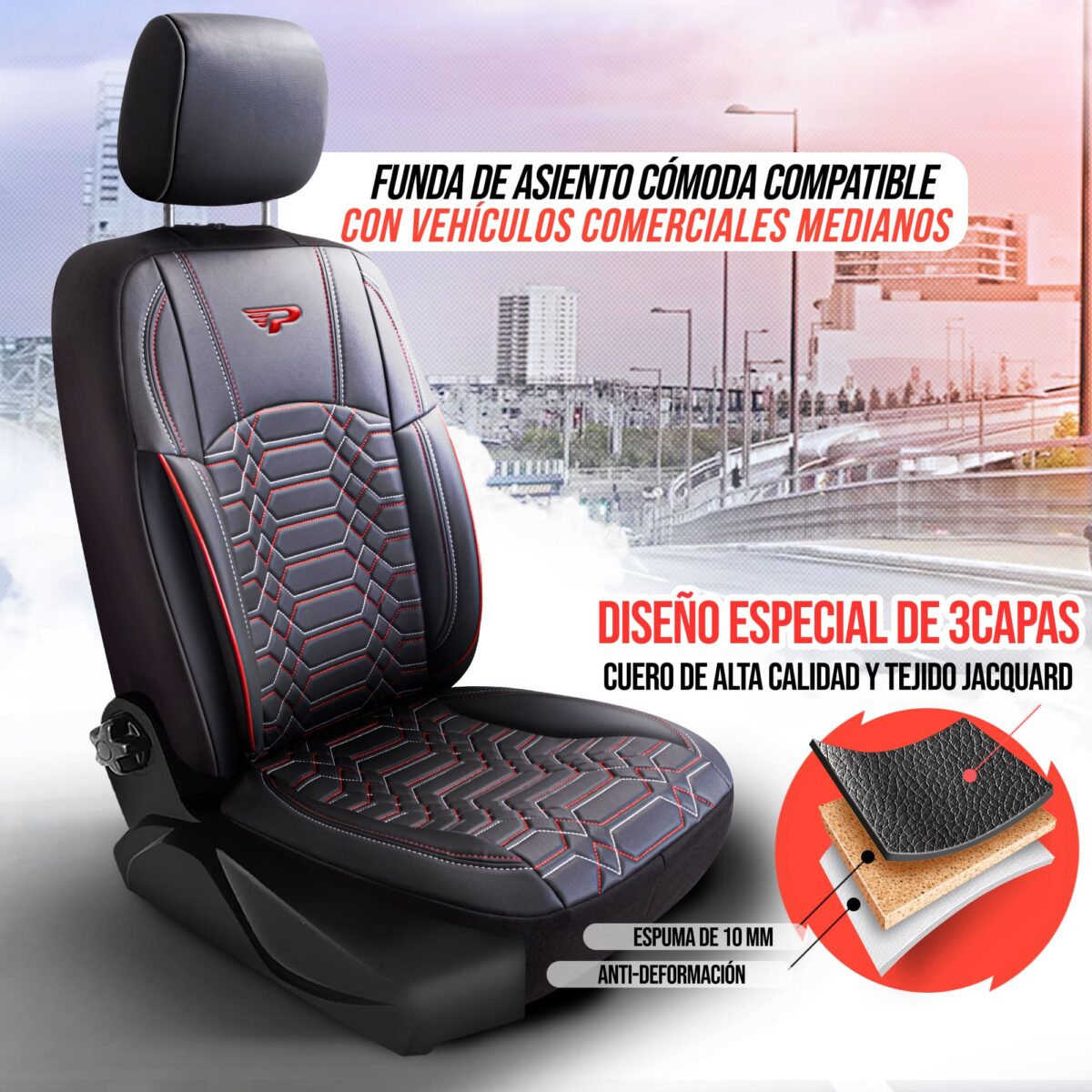 FUNDAS DE ASIENTO DE VEHÍCULOS COMERCIALES - NEGRO/ROJO - 1+2 ASIENTO - CUERO COMPETO - FORD TRANSIT - PANDASEATCOVER - Imagen 2