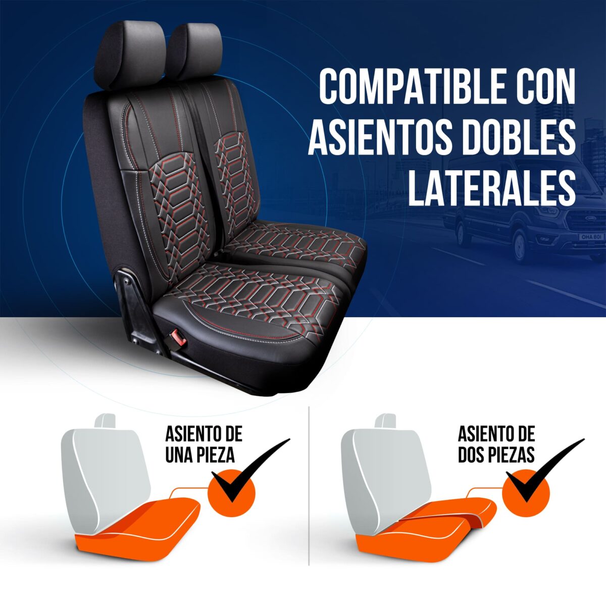 FUNDAS DE ASIENTO DE VEHÍCULOS COMERCIALES - NEGRO/ROJO - 1+2 ASIENTO - CUERO COMPETO - FORD TRANSIT - PANDASEATCOVER - Imagen 5