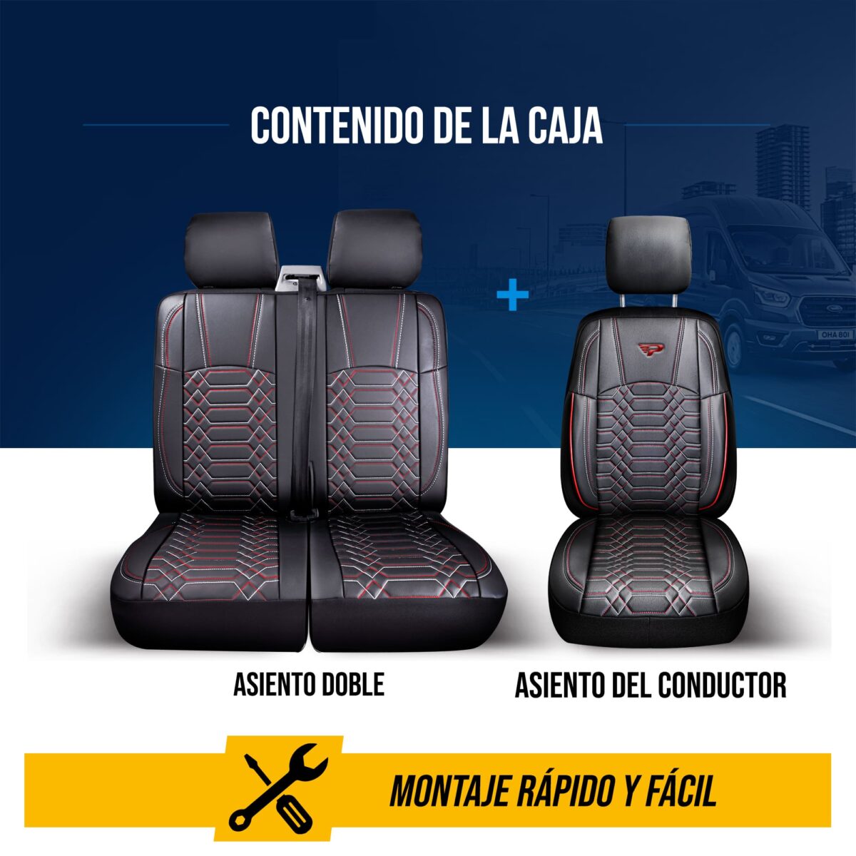 FUNDAS DE ASIENTO DE VEHÍCULOS COMERCIALES - NEGRO/ROJO - 1+2 ASIENTO - CUERO COMPETO - FORD TRANSIT - PANDASEATCOVER - Imagen 6