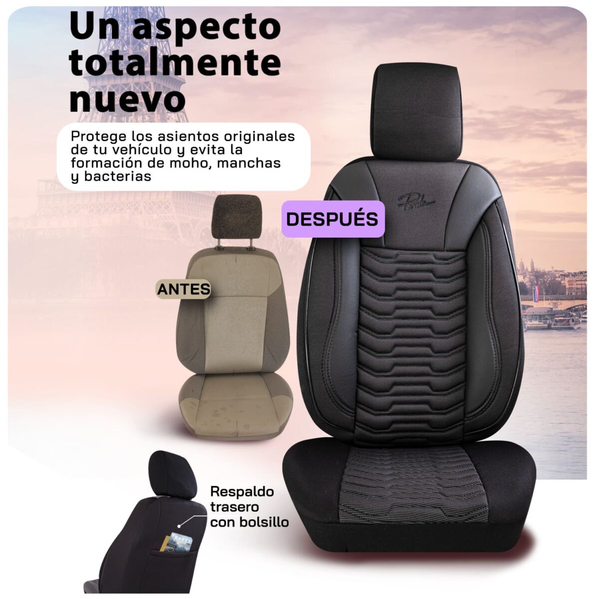 FUNDAS PARA ASIENTO DE COCHE - PARIS- NEGRO - SET COMPLETO - TELA DE LINO & CUERO - DISEÑO ORTOPÉDICO - PANDASEATCOVER - Imagen 5