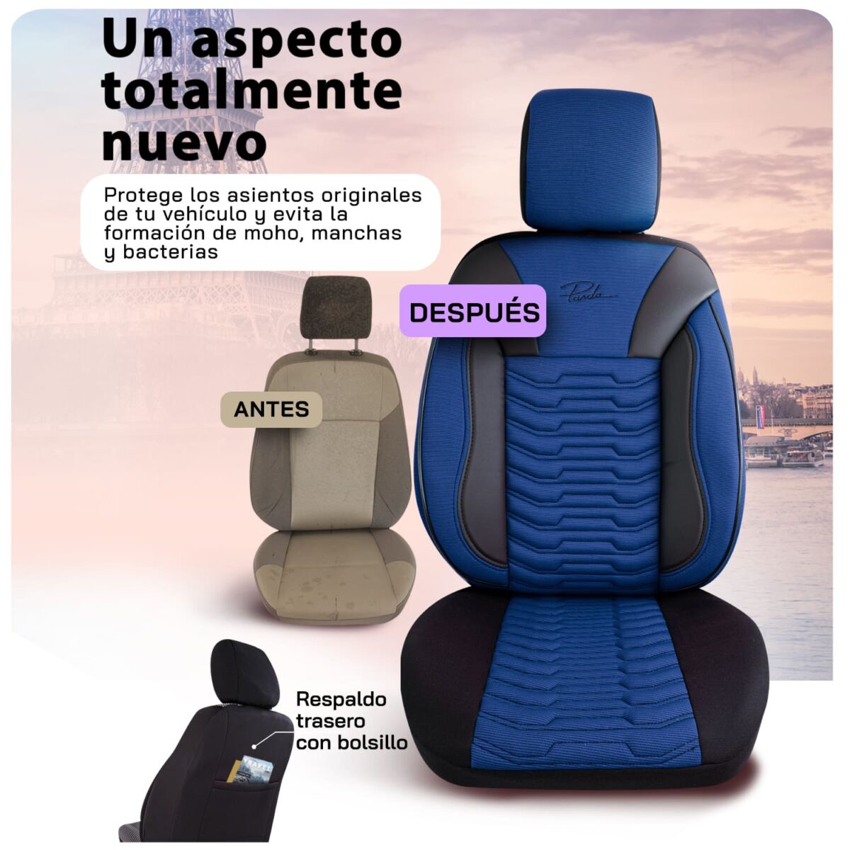 FUNDAS PARA ASIENTO DE COCHE - PARIS- NEGRO/AZUL - SET COMPLETO - TELA DE LINO & CUERO - DISEÑO ORTOPÉDICO - PANDASEATCOVER - Imagen 5