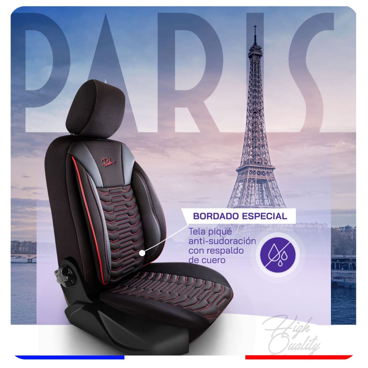 FUNDAS PARA ASIENTO DE COCHE - PARIS- NEGRO/ROJO - SET COMPLETO - TELA DE LINO & CUERO - DISEÑO ORTOPÉDICO - PANDASEATCOVER - Imagen 2