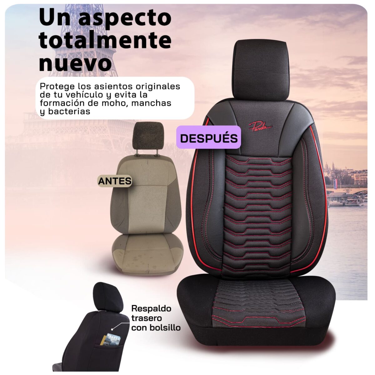 FUNDAS PARA ASIENTO DE COCHE - PARIS- NEGRO/ROJO - SET COMPLETO - TELA DE LINO & CUERO - DISEÑO ORTOPÉDICO - PANDASEATCOVER - Imagen 5