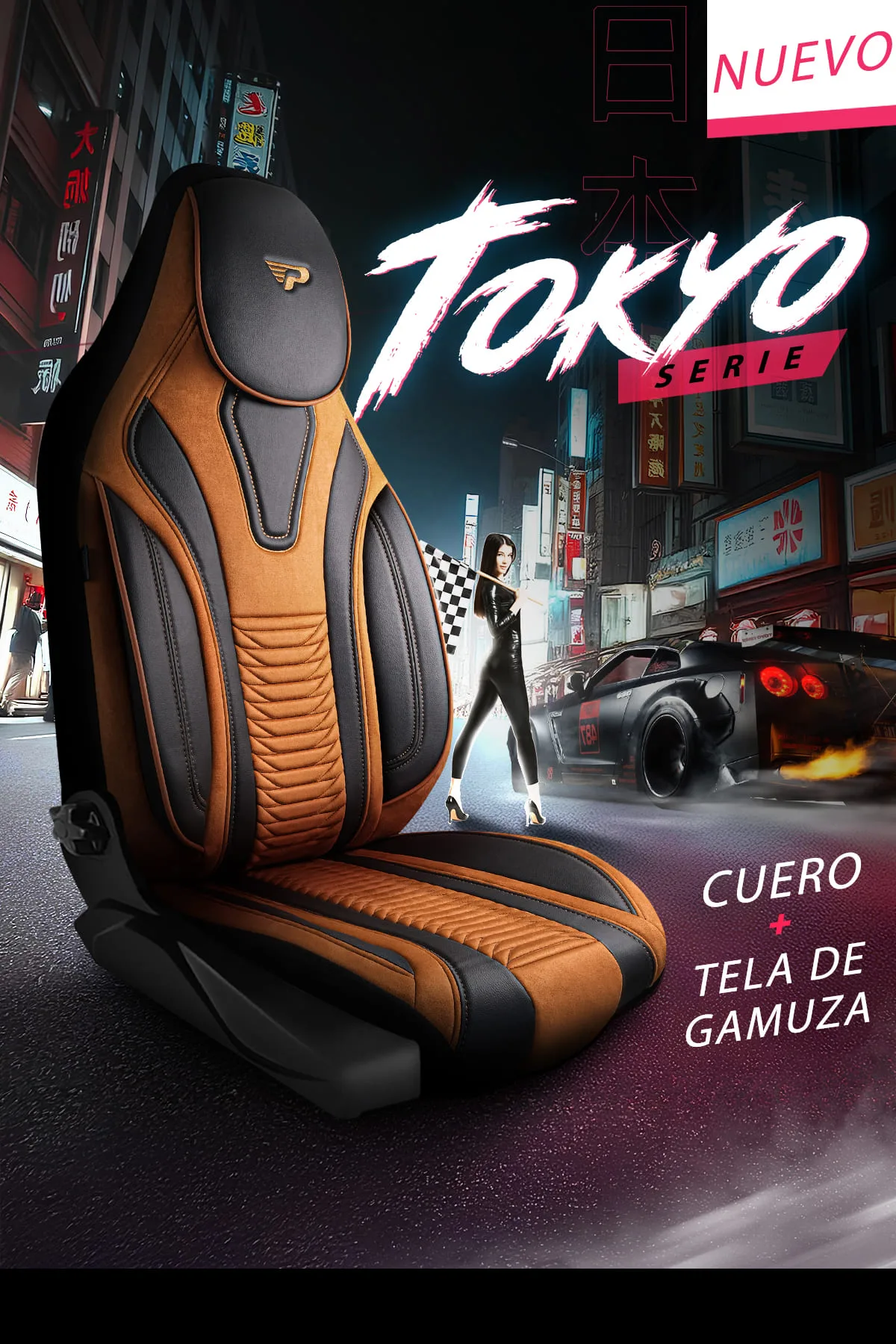 FUNDAS DE ASIENTO DE VEHÍCULOS COMERCIALES - MODELO PILOTO - TOKYO - MARRÓN CLARO - 1+1 ASIENTO - GAMUZA & CUERO - PANDASEATCOVER - Imagen 2