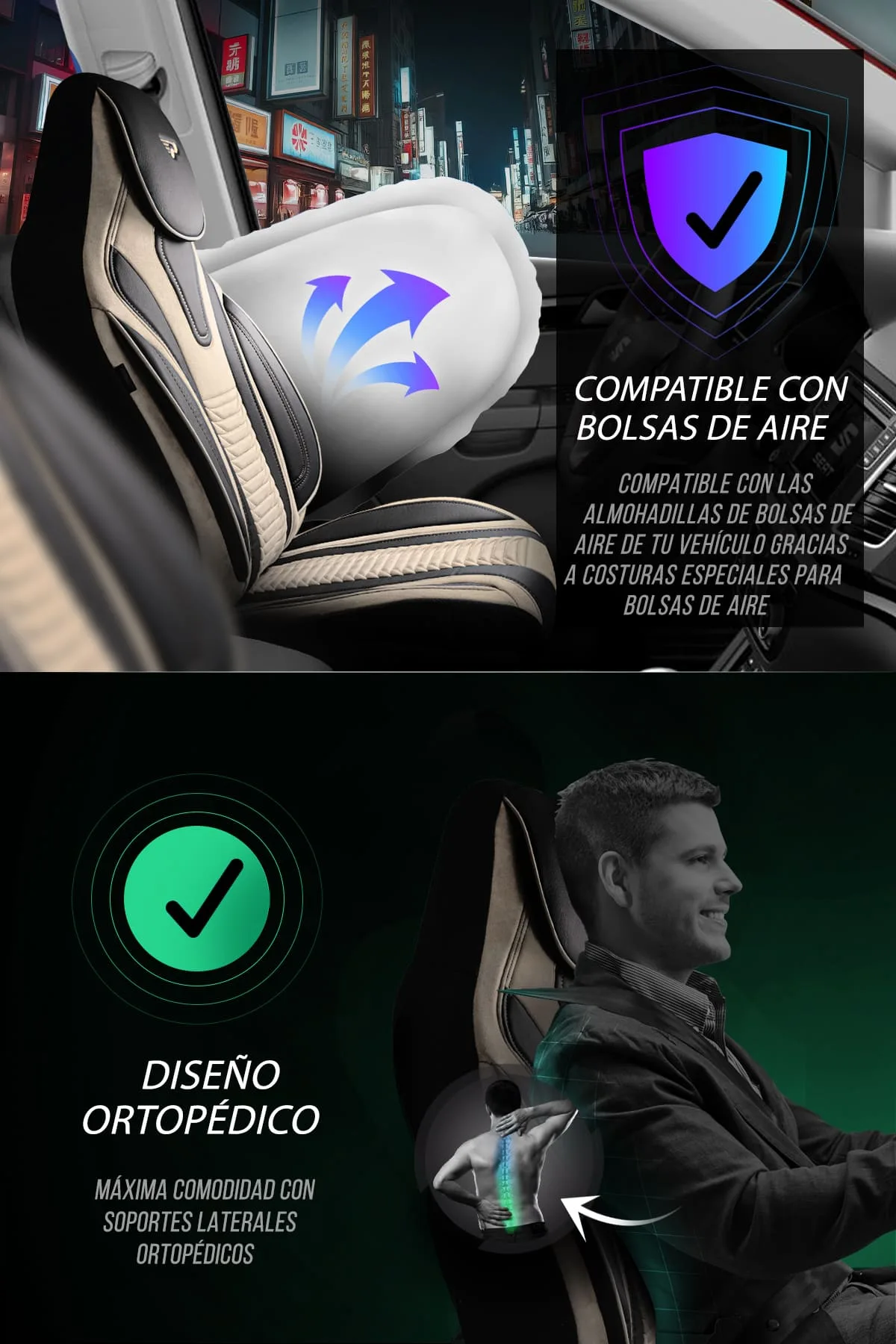 FUNDAS DE ASIENTO DE VEHÍCULOS COMERCIALES - MODELO PILOTO - TOKYO - MARRÓN CLARO - 1+1 ASIENTO - GAMUZA & CUERO - PANDASEATCOVER - Imagen 3