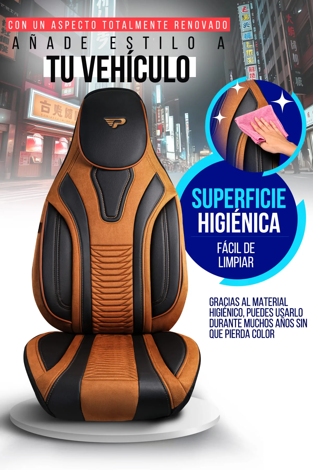 FUNDAS DE ASIENTO DE VEHÍCULOS COMERCIALES - MODELO PILOTO - TOKYO - MARRÓN CLARO - 1+1 ASIENTO - GAMUZA & CUERO - PANDASEATCOVER - Imagen 4