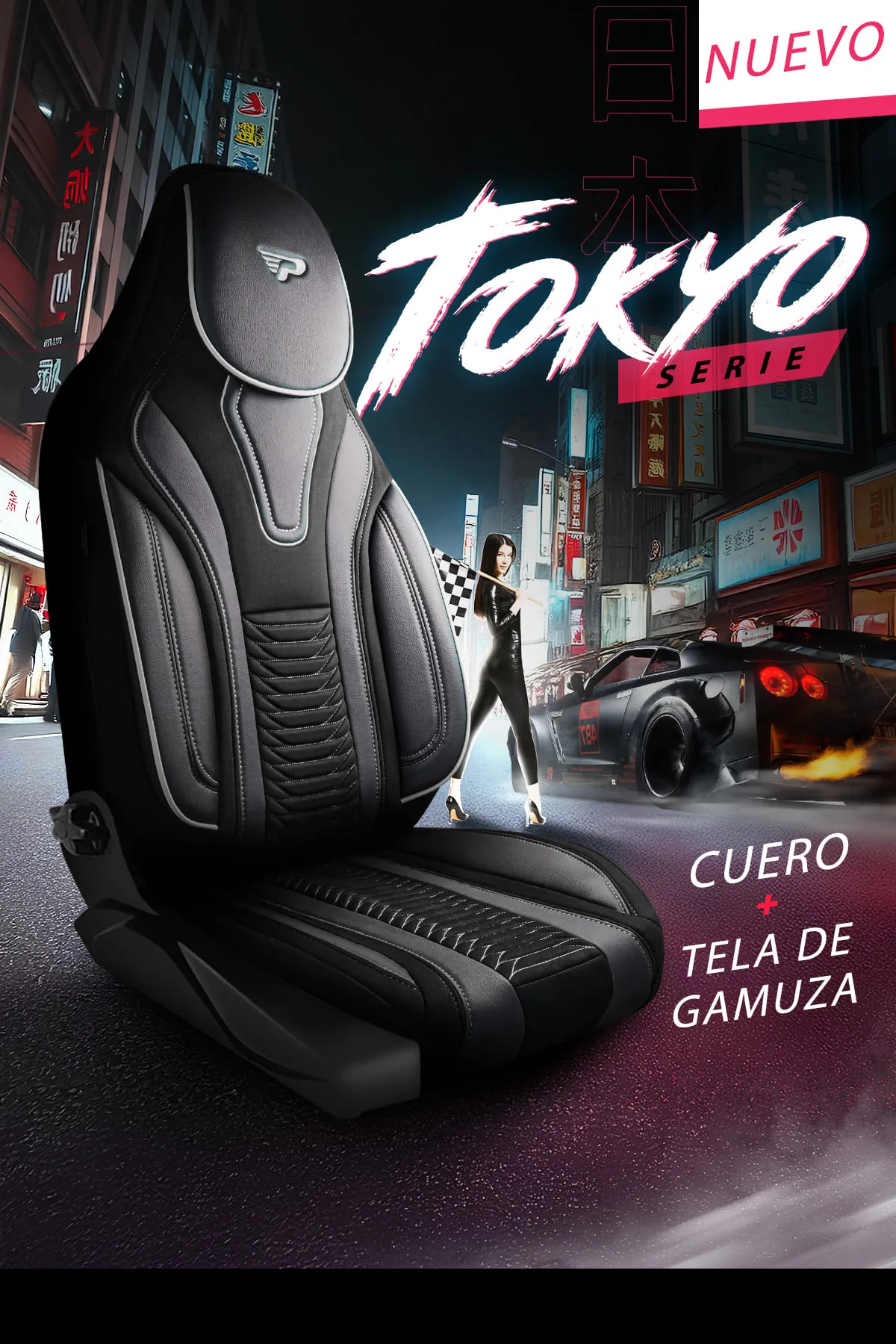 FUNDAS DE ASIENTO DE VEHÍCULOS COMERCIALES - MODELO PILOTO - TOKYO - NEGRO/GRIS - 1+1 ASIENTO - GAMUZA & CUERO - PANDASEATCOVER - Imagen 2