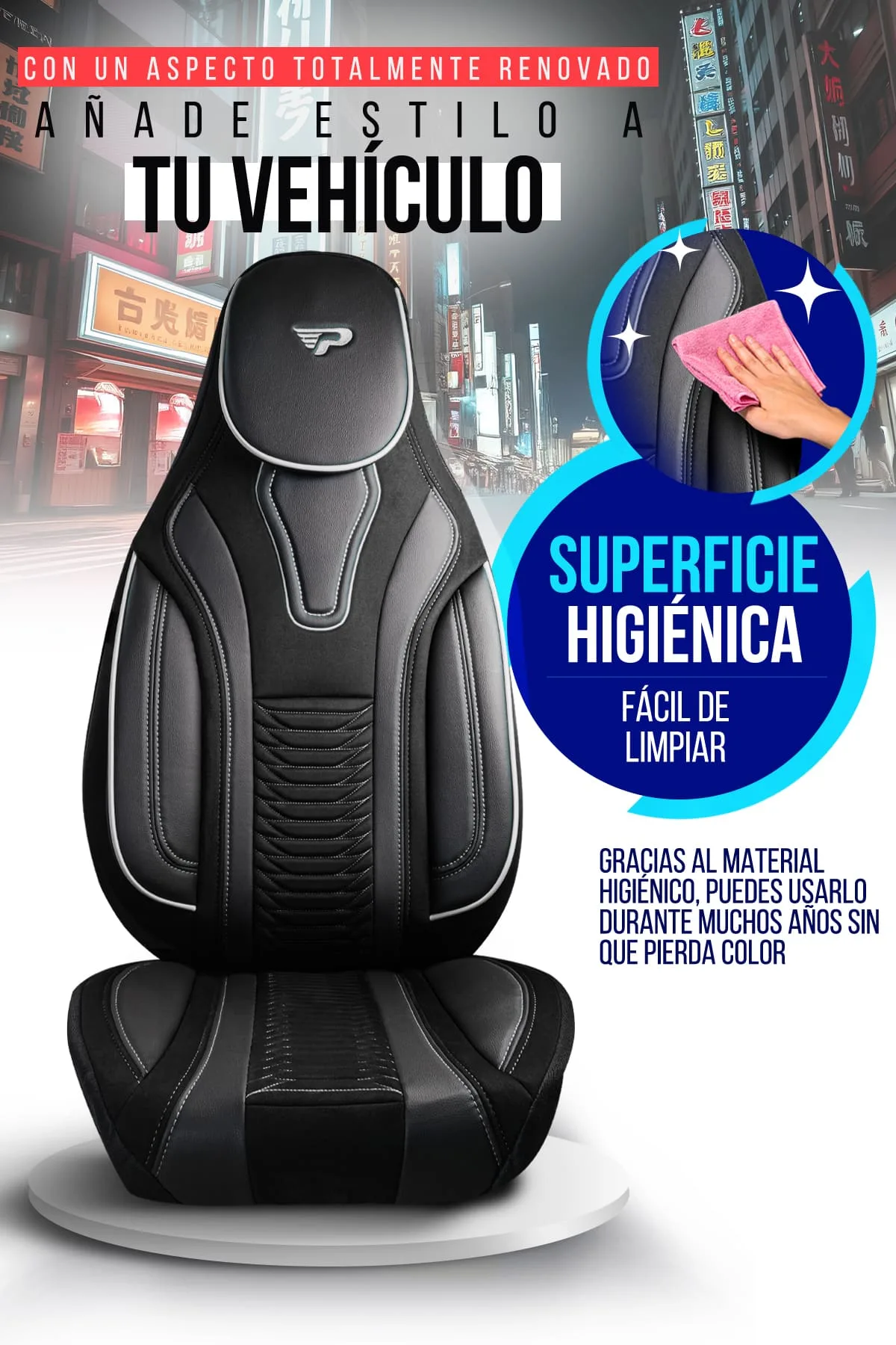 FUNDAS DE ASIENTO DE VEHÍCULOS COMERCIALES - MODELO PILOTO - TOKYO - NEGRO/GRIS - 1+1 ASIENTO - GAMUZA & CUERO - PANDASEATCOVER - Imagen 4