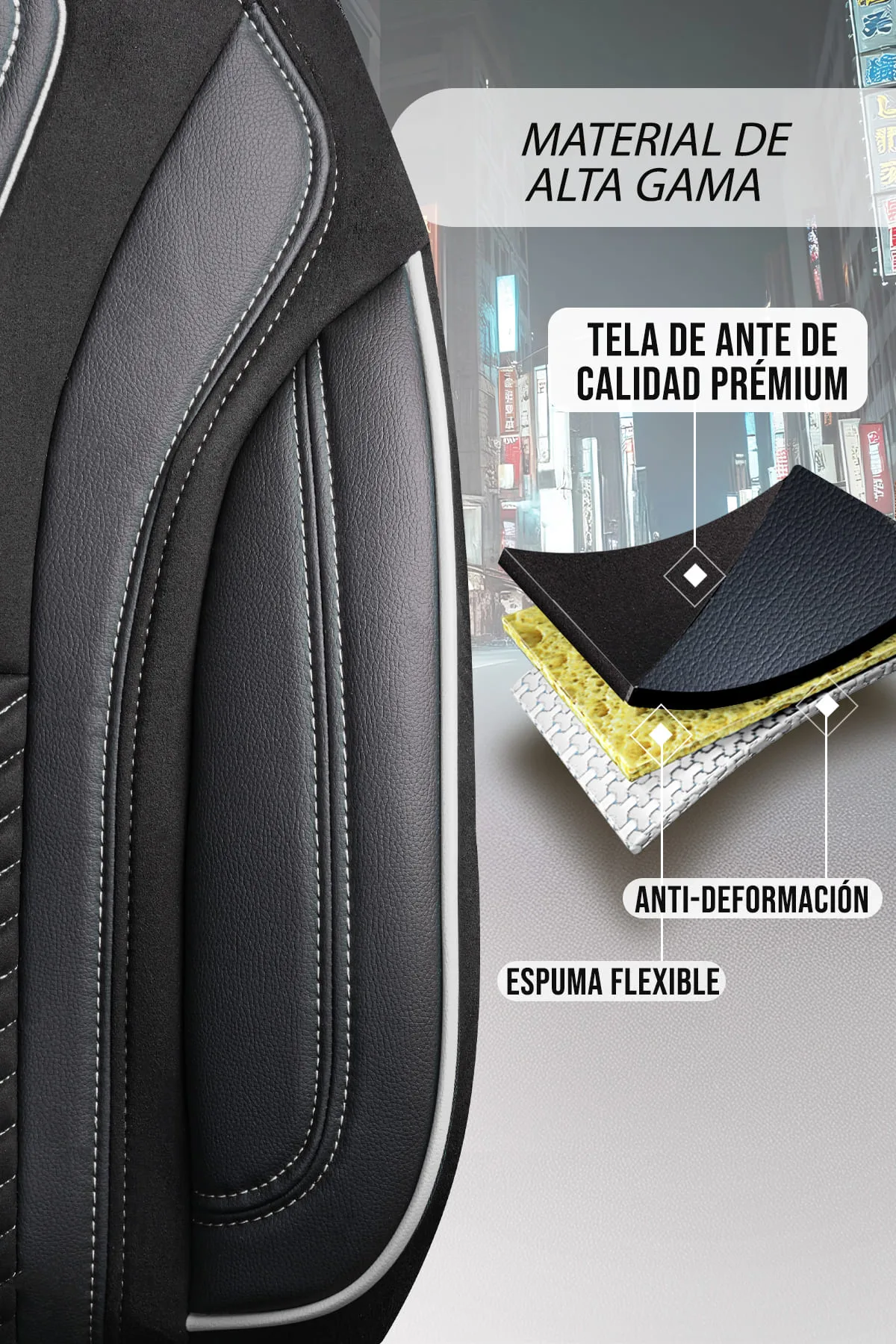FUNDAS DE ASIENTO DE VEHÍCULOS COMERCIALES - MODELO PILOTO - TOKYO - NEGRO/GRIS - 1+1 ASIENTO - GAMUZA & CUERO - PANDASEATCOVER - Imagen 5